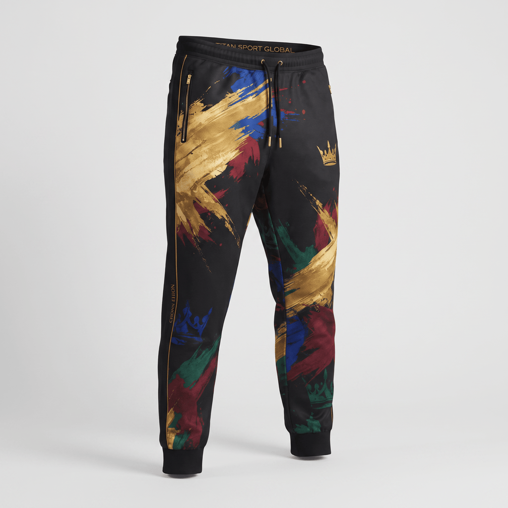 Black joggers featuring a colorful brushstroke paint graphic with gold, blue, and red, and a gold crown logo.