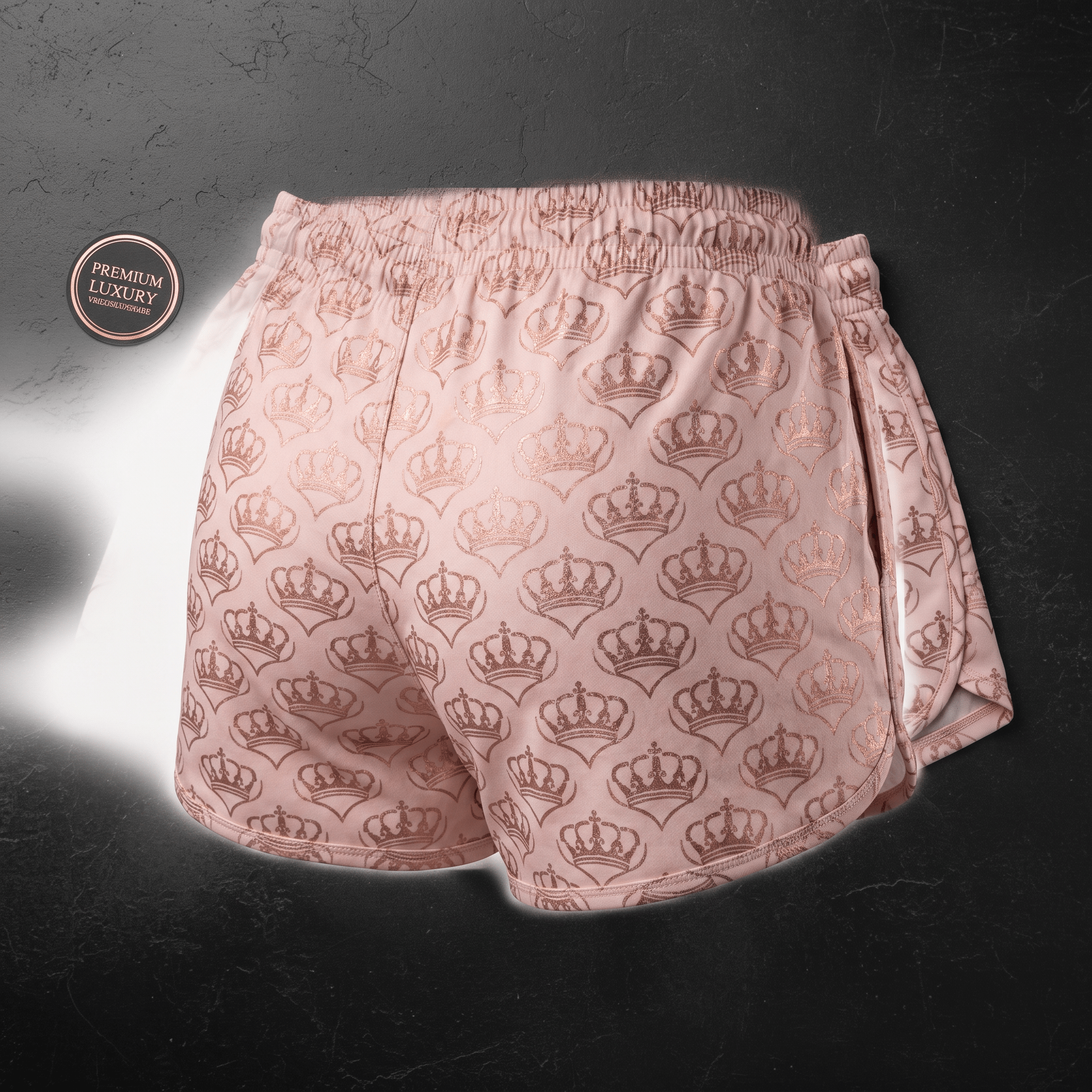 Pink athletic shorts featuring an allover metallic rose gold crown pattern on a dark background.