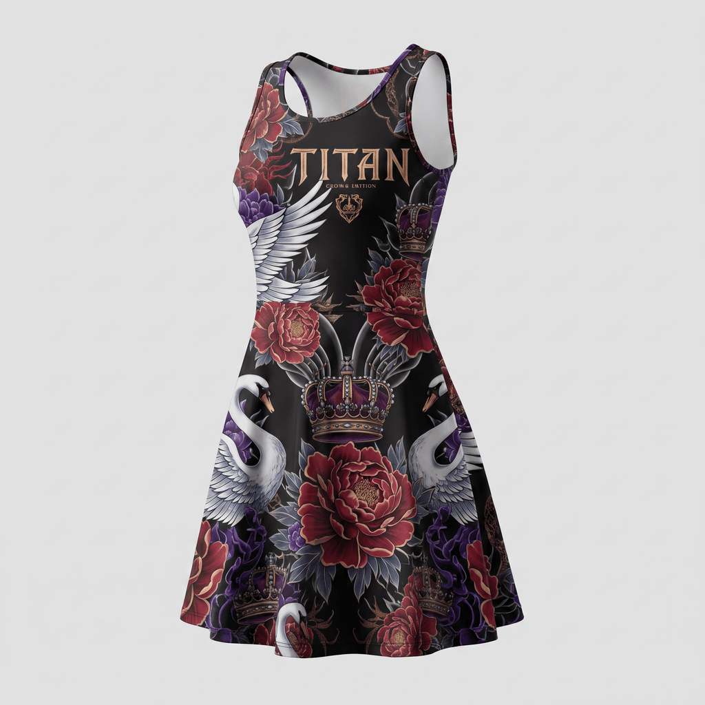Black skater dress featuring a tattoo-style print of red peonies, white swans, crowns, and the Titan logo.