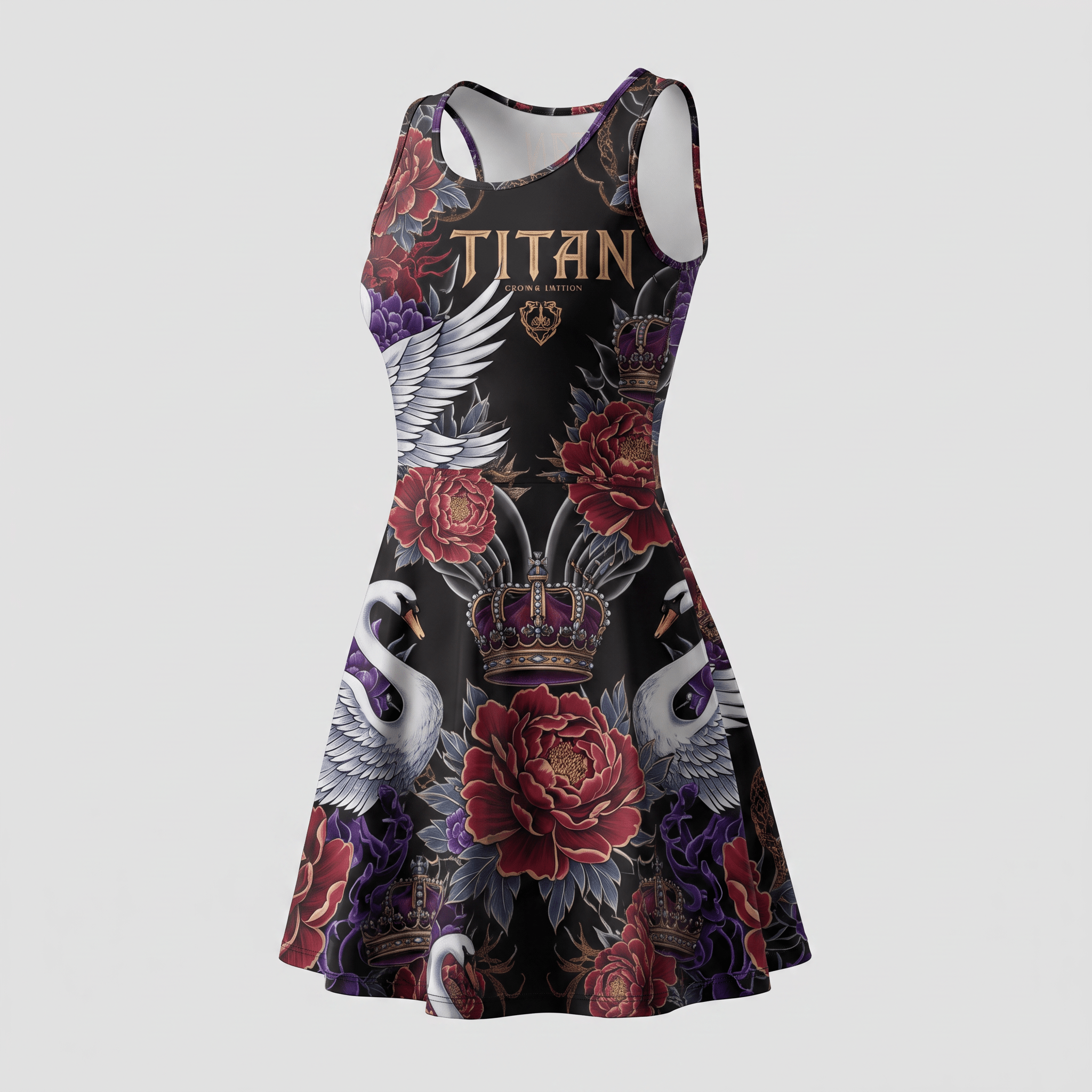 Black skater dress featuring a tattoo-style print of red peonies, white swans, crowns, and the Titan logo.