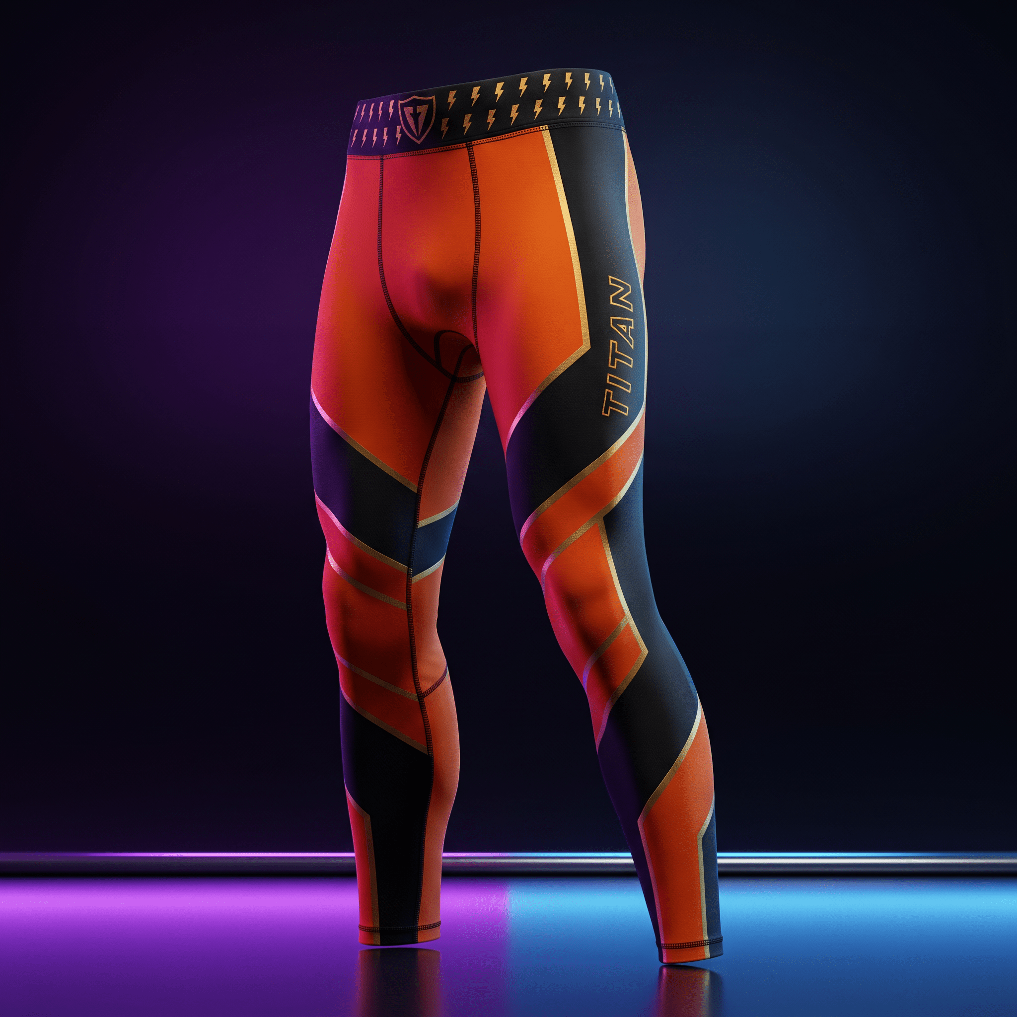Orange and black athletic compression leggings with gold "TITAN" branding and lightning bolt waistband pattern.
