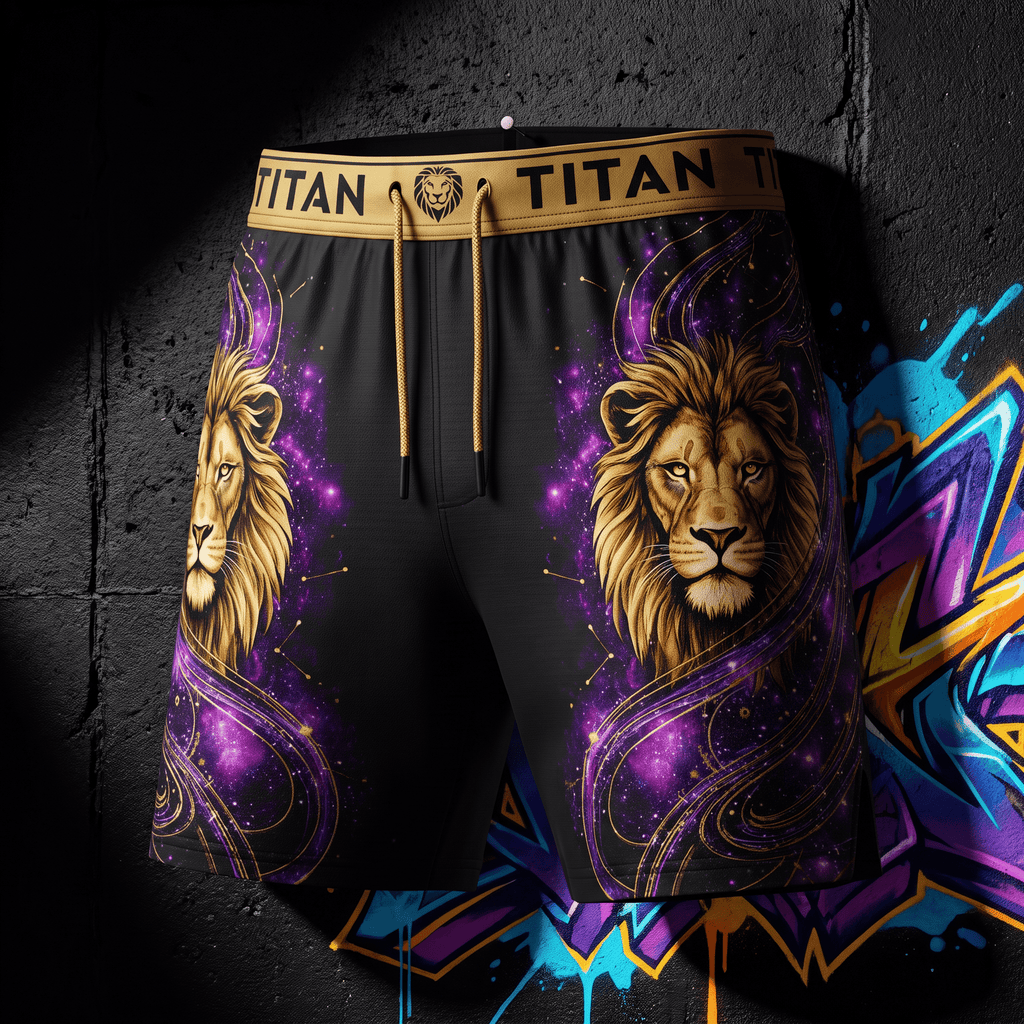 Black athletic shorts with gold "TITAN" waistband and purple cosmic lion print against a dark, graffiti-style background.