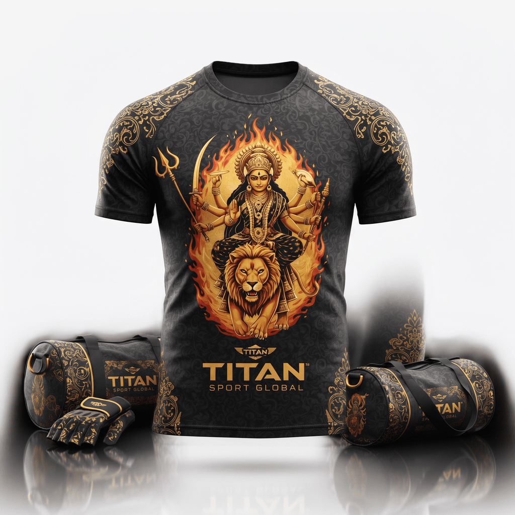 Black athletic t-shirt with gold graphic of deity on lion, matching duffel bags and gloves.