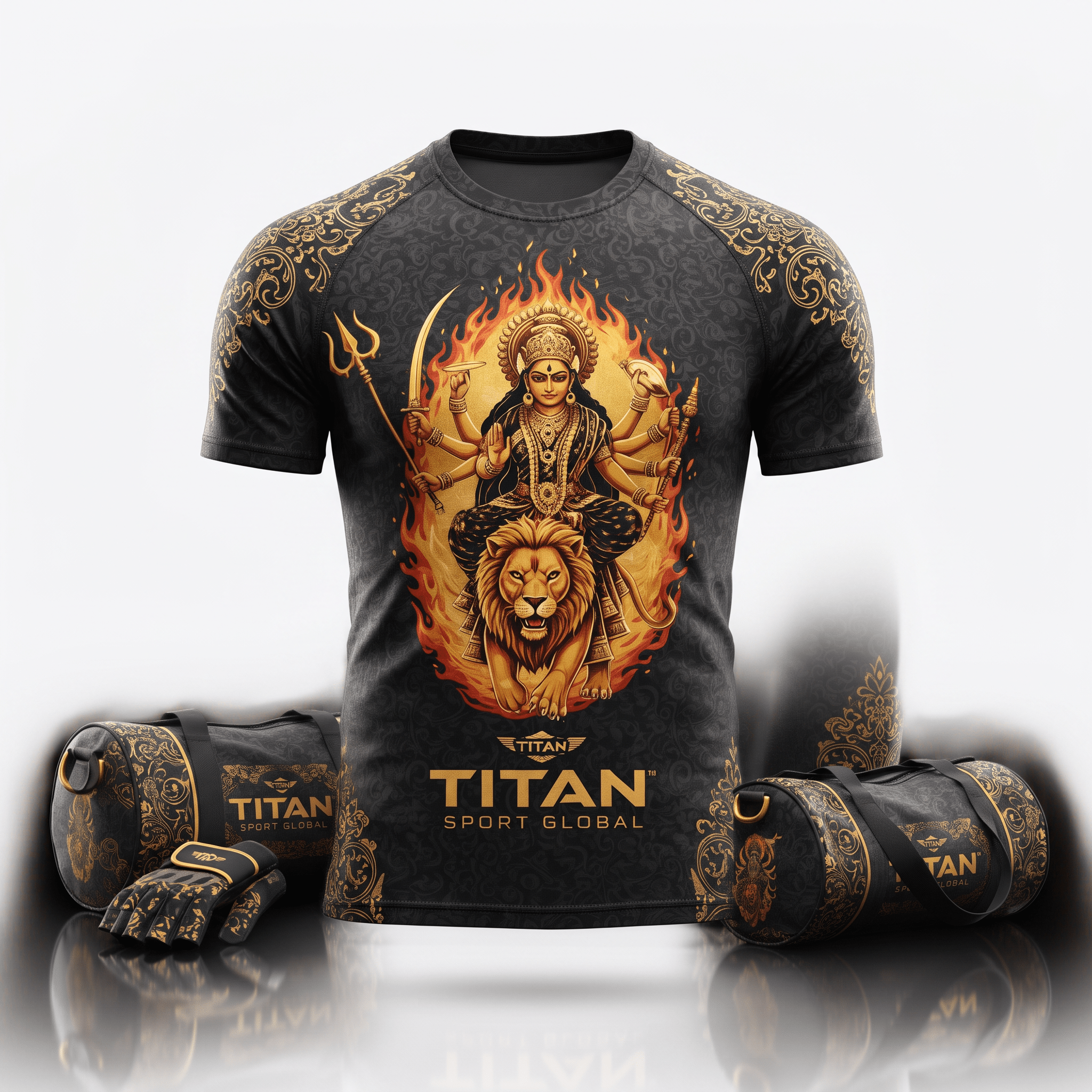 Black athletic t-shirt with gold graphic of deity on lion, matching duffel bags and gloves.