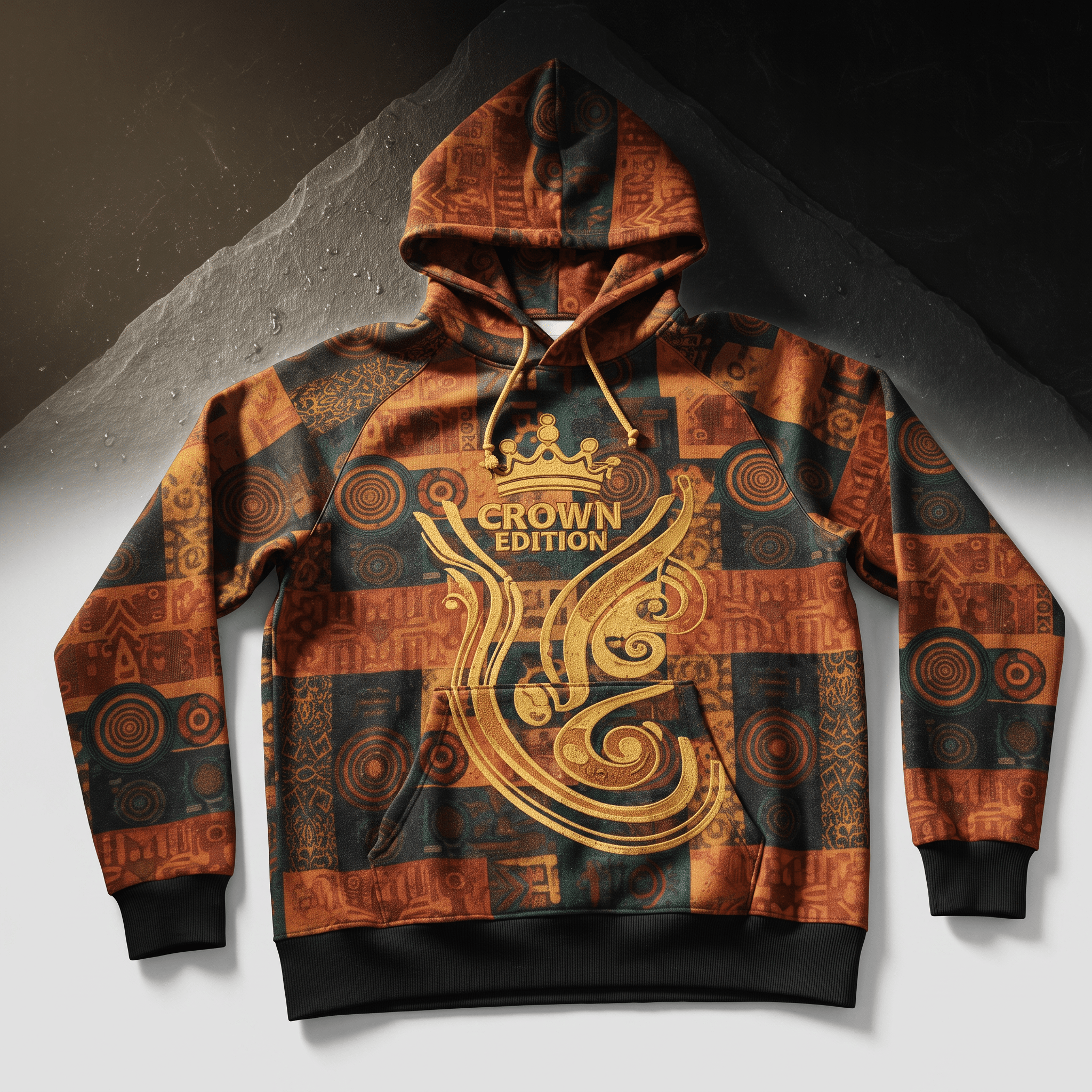 Brown and black Crown Edition hoodie with gold graphic, tribal pattern, and front pocket.
