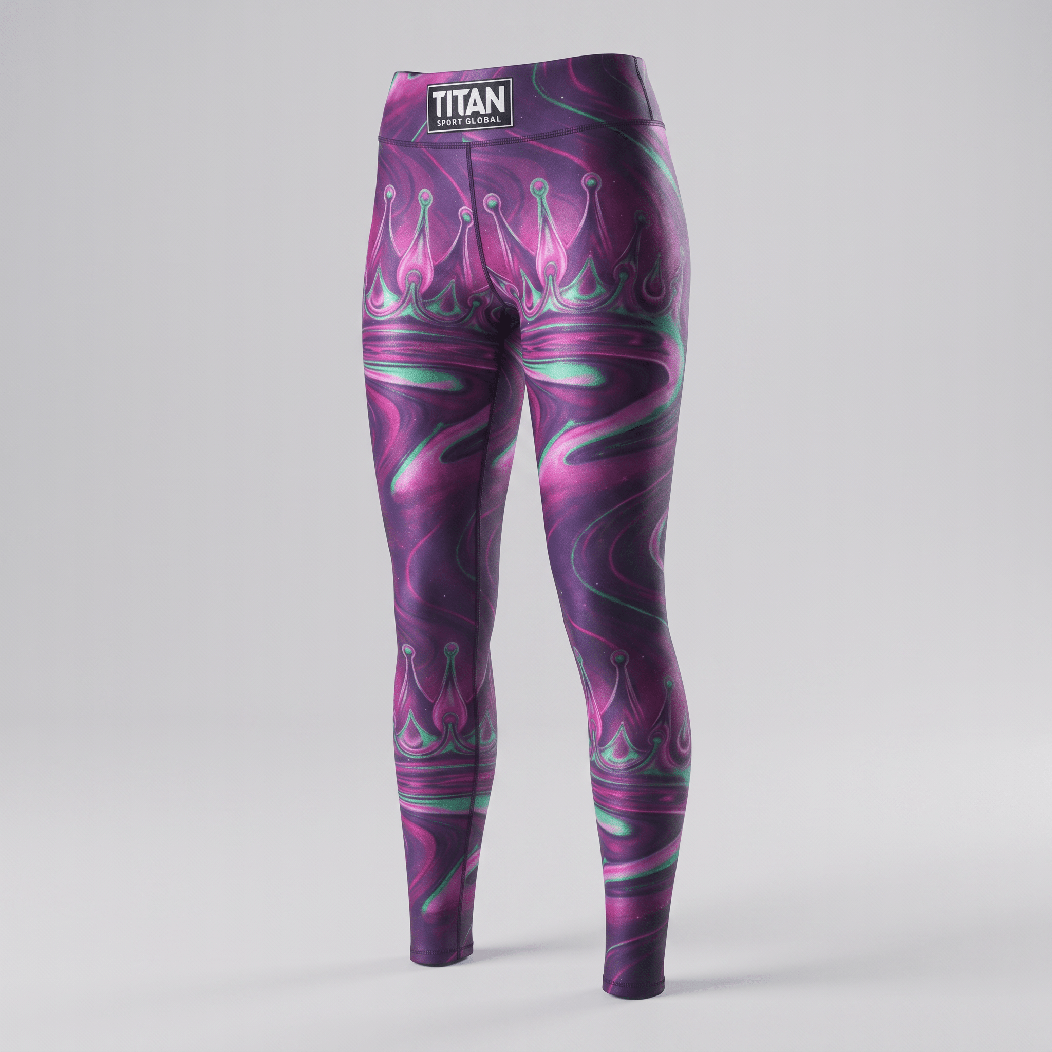 Titan Sport Global purple athletic leggings with crown print and swirl pattern against a light grey background