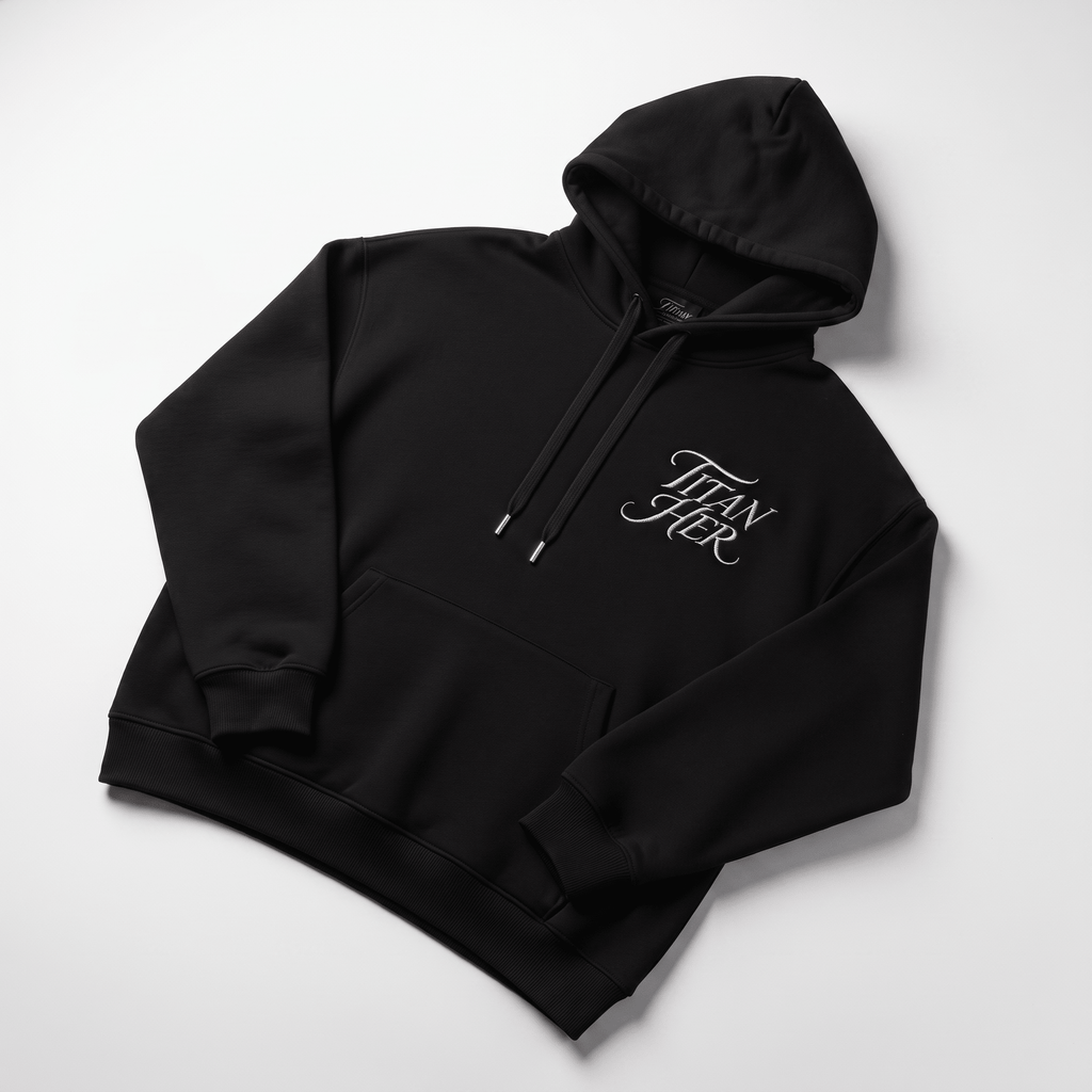 Black hoodie with Titan Her embroidered in white script on the chest, pocket, and drawstrings.