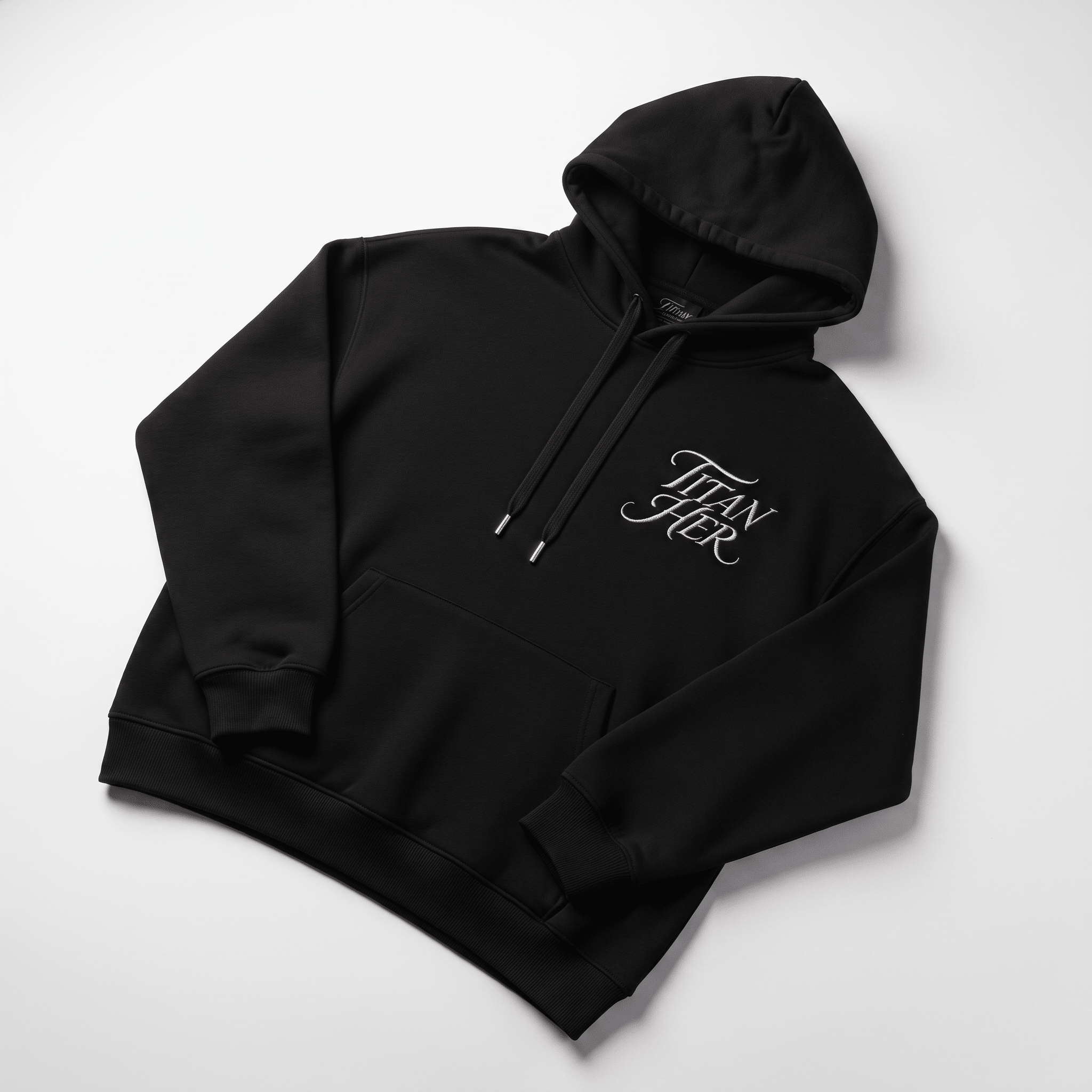 Black hoodie with Titan Her embroidered in white script on the chest, pocket, and drawstrings.