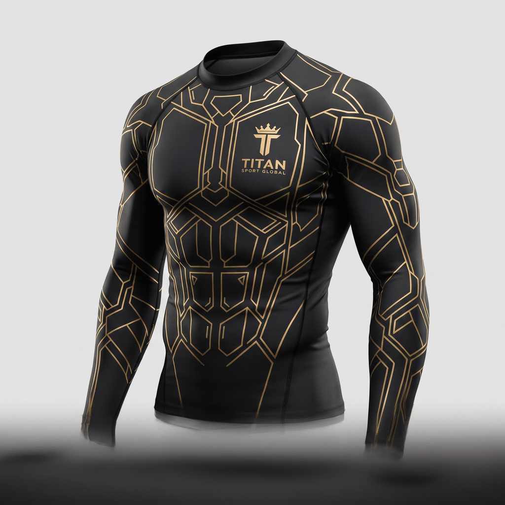 Black long-sleeve rash guard with gold geometric muscle line patterns and Titan Sport Global chest logo.