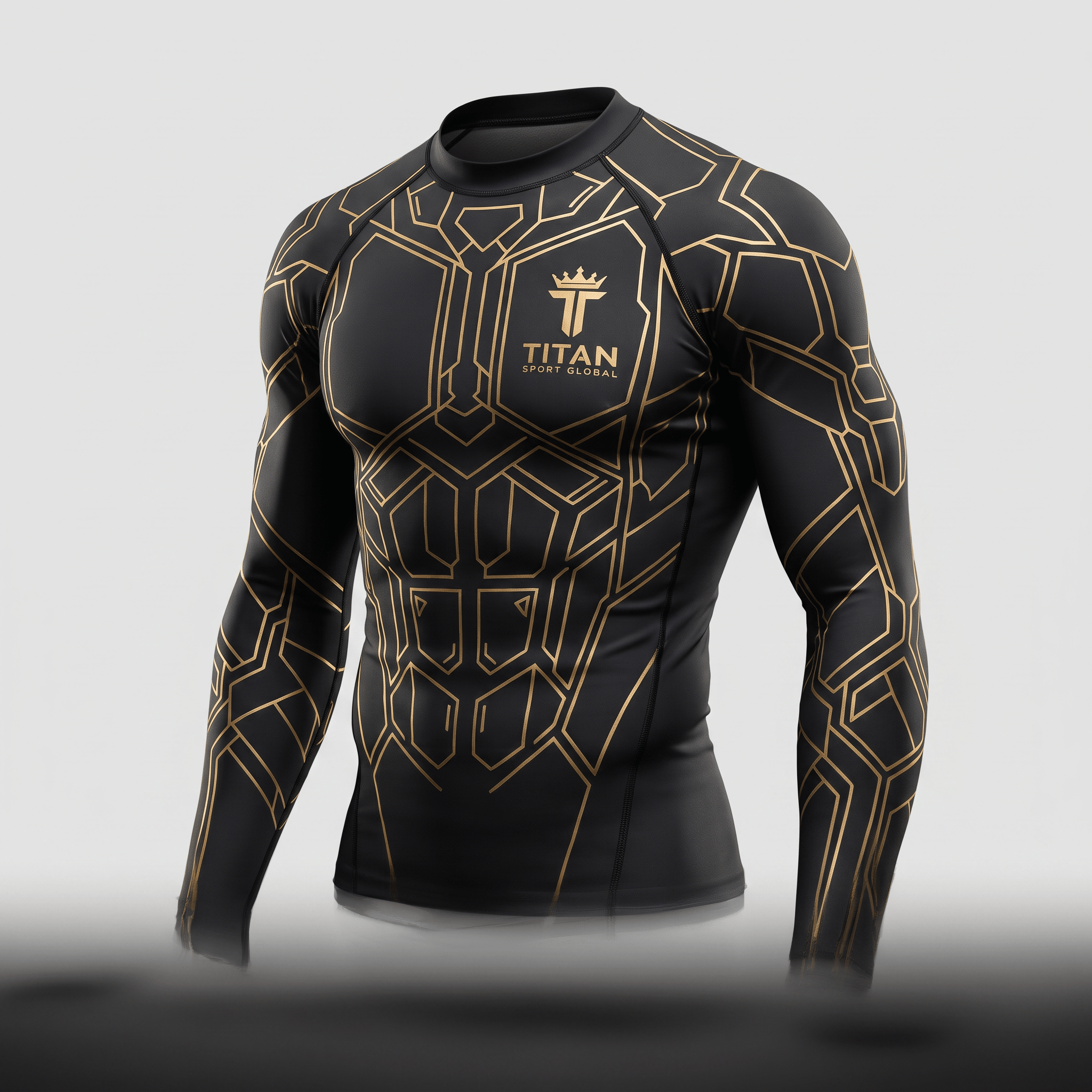 Black long-sleeve rash guard with gold geometric muscle line patterns and Titan Sport Global chest logo.