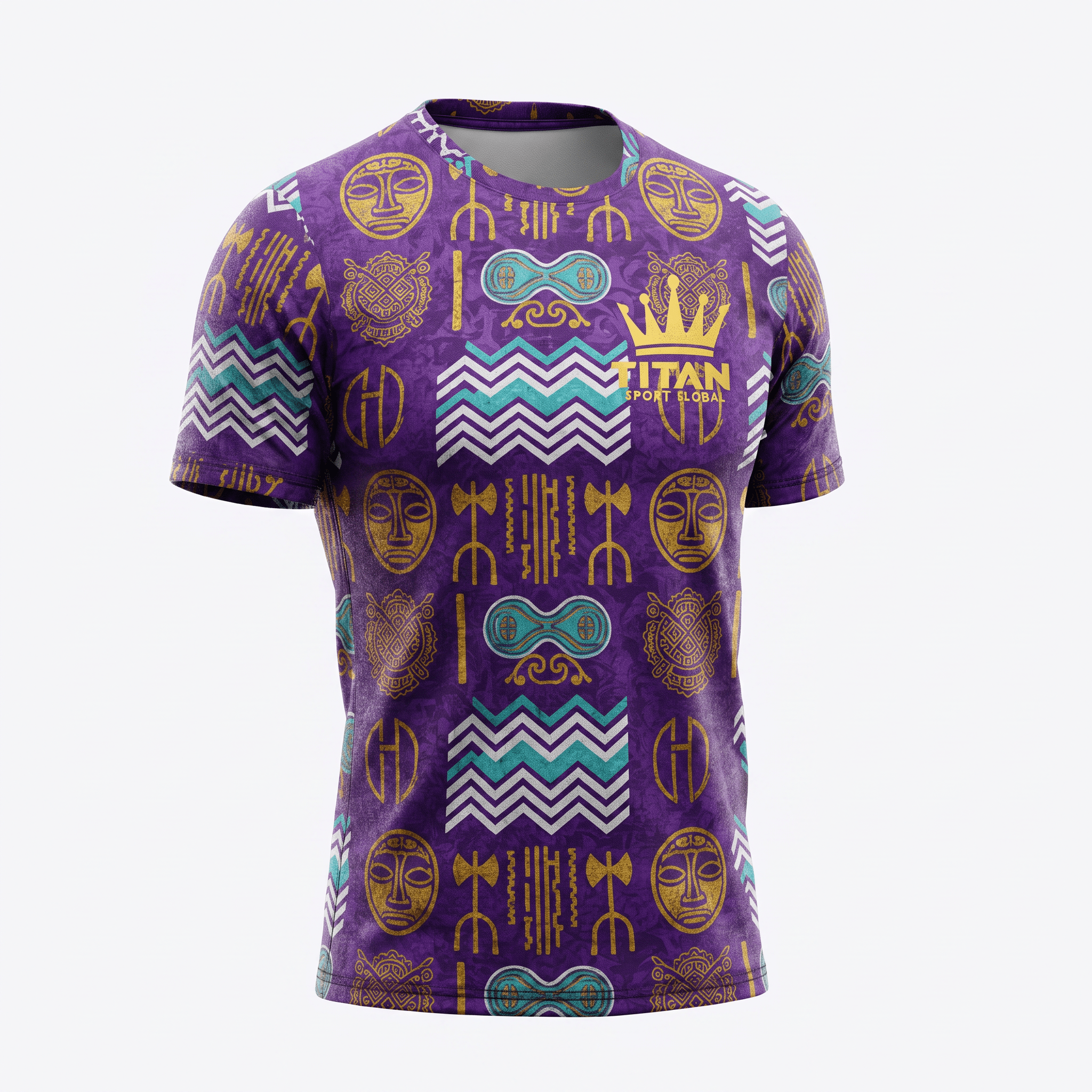 Purple t-shirt with gold and teal tribal mask print and Titan Sport Global logo on the chest.