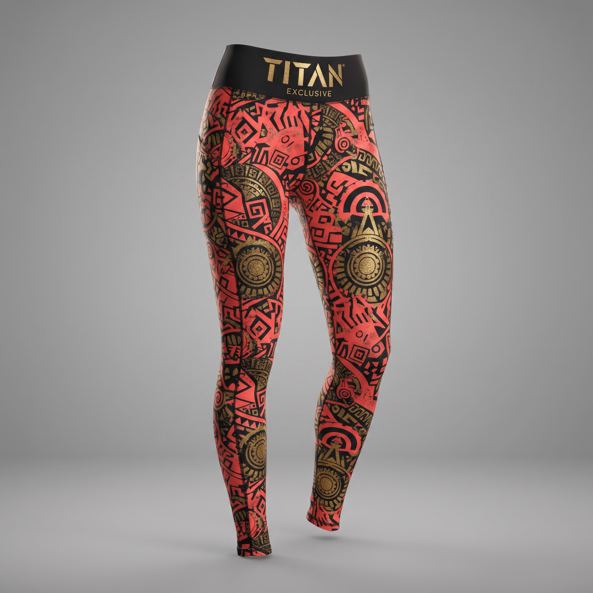 Red and black athletic leggings with gold geometric print and Titan Exclusive waistband.
