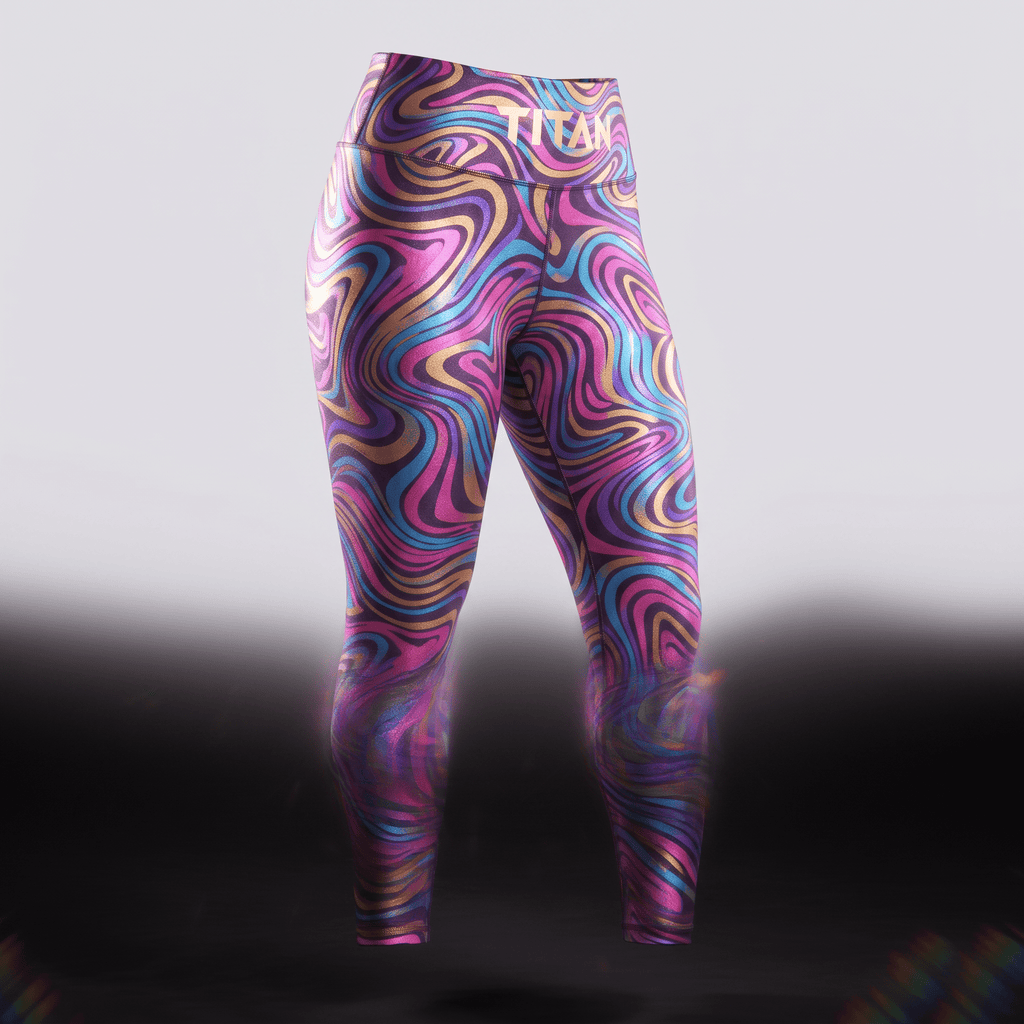 Titan high-waisted athletic leggings featuring a metallic purple, pink, blue, and gold abstract swirl pattern.