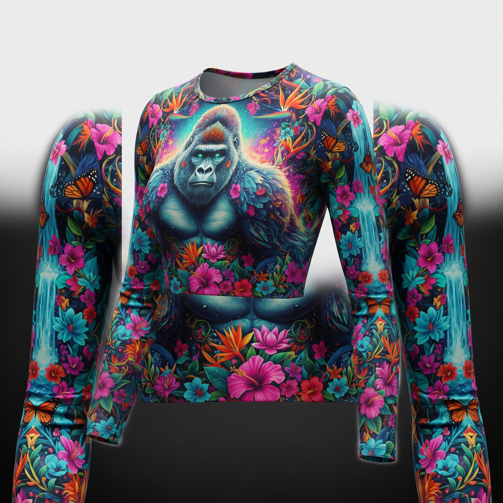 Long sleeve crop top featuring a gorilla graphic and colorful tropical flower print.