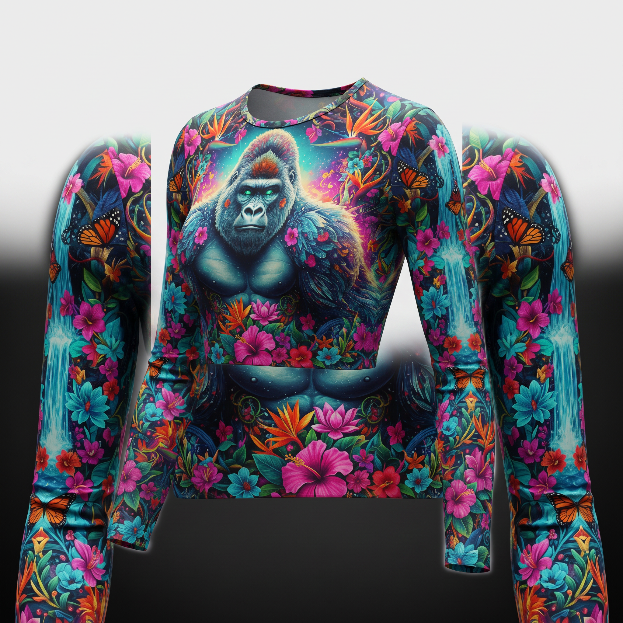 Long sleeve crop top featuring a gorilla graphic and colorful tropical flower print.