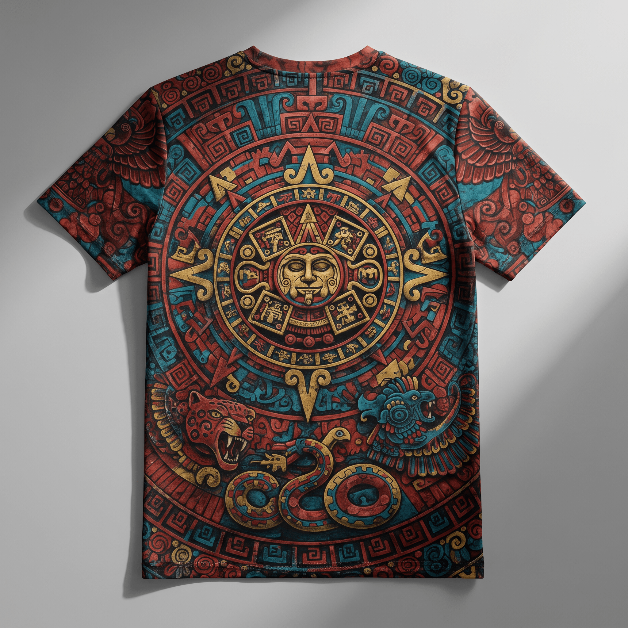 Back view of a t-shirt featuring a colorful Aztec sun stone graphic in red, blue, and gold.