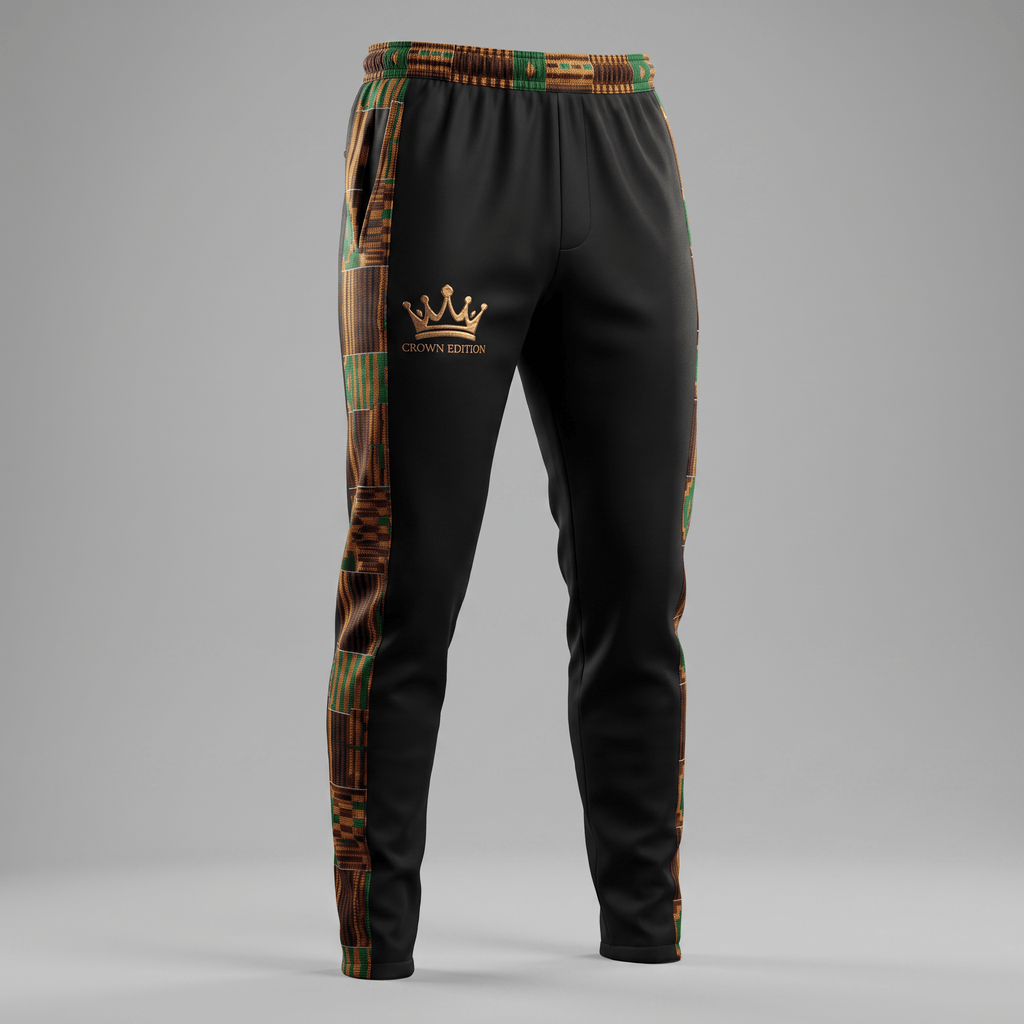 Black sweatpants with kente side stripes, a gold crown logo on the hip, and an elastic waistband.