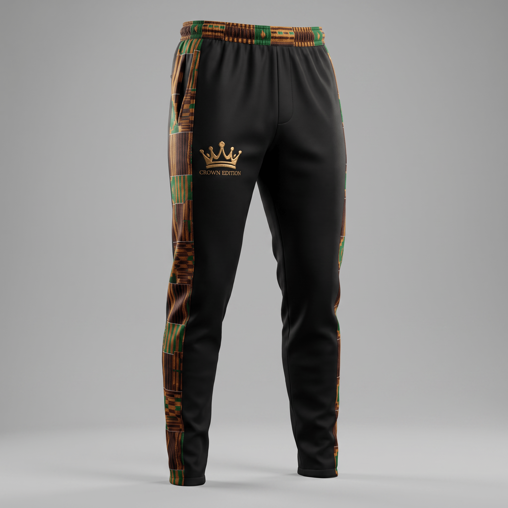 Black sweatpants with kente side stripes, a gold crown logo on the hip, and an elastic waistband.
