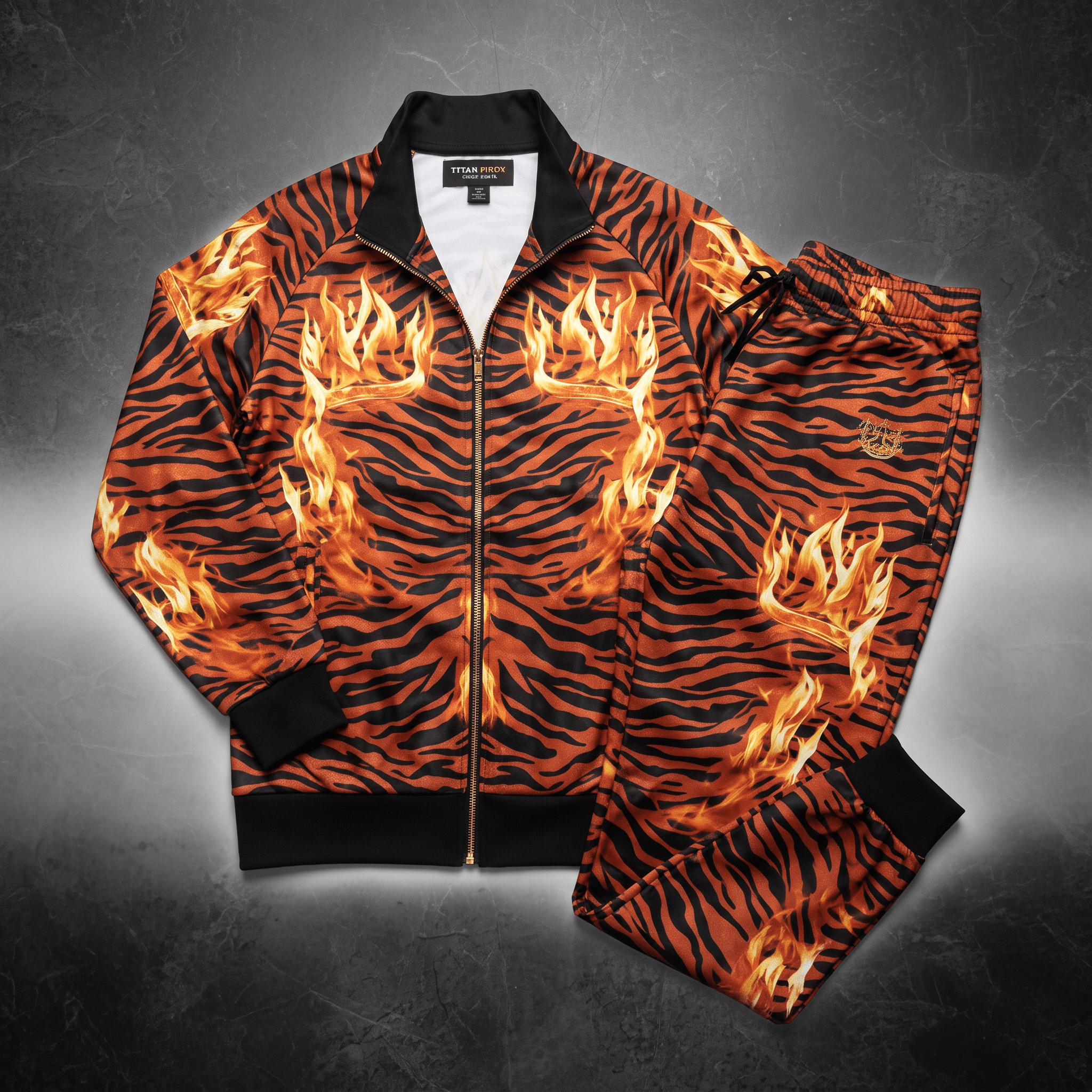 Orange and black tiger stripe track suit with a flame crown graphic on the jacket and matching joggers.