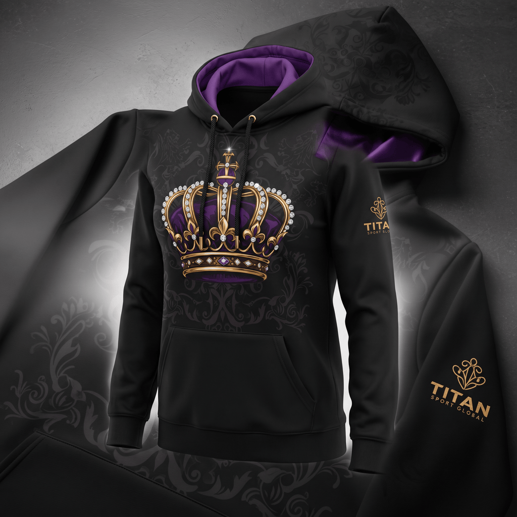 Black hoodie with purple lining featuring a gold crown graphic and Titan Sport Global branding.