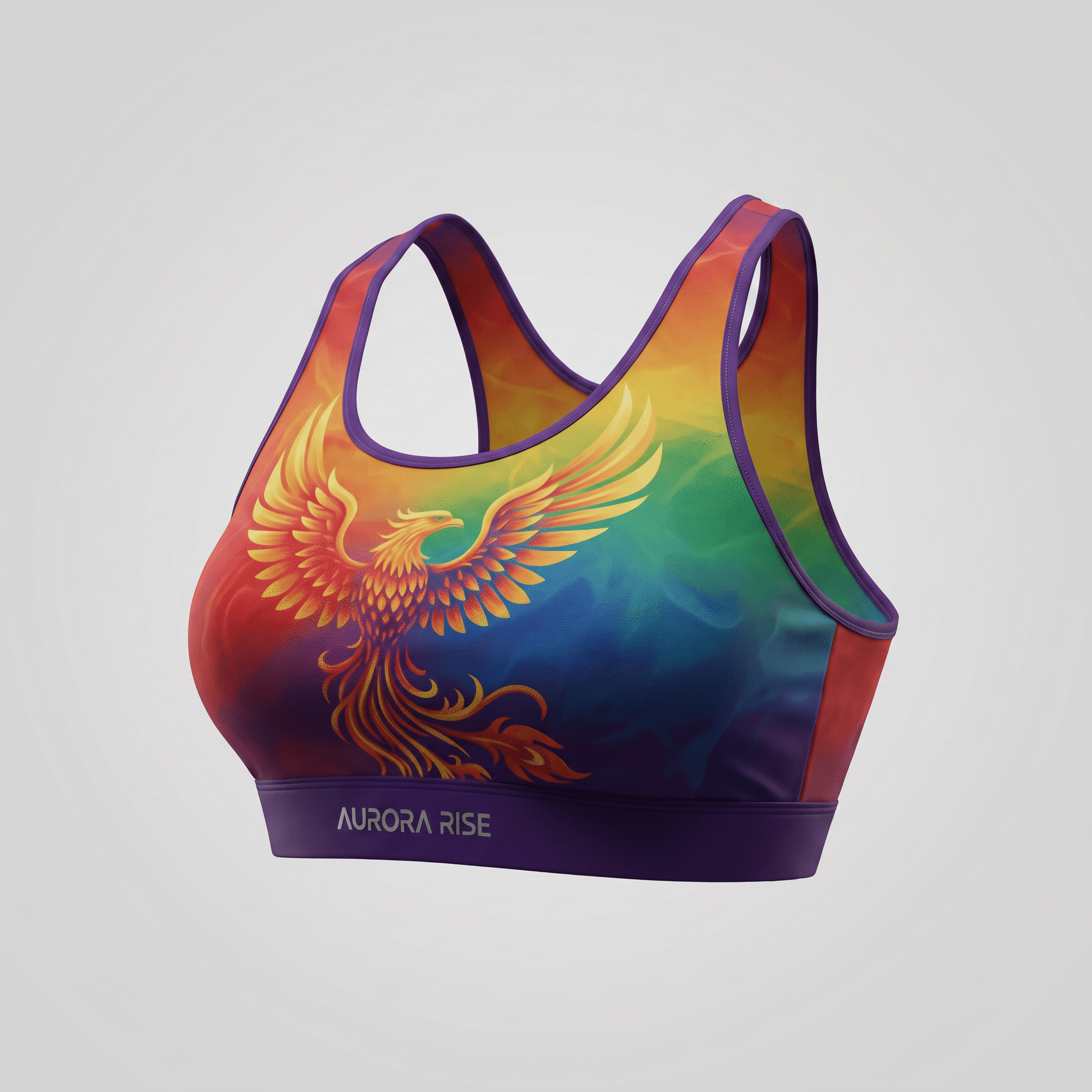 Aurora Rise sports bra featuring a colorful phoenix graphic on rainbow tie-dye fabric with purple trim.