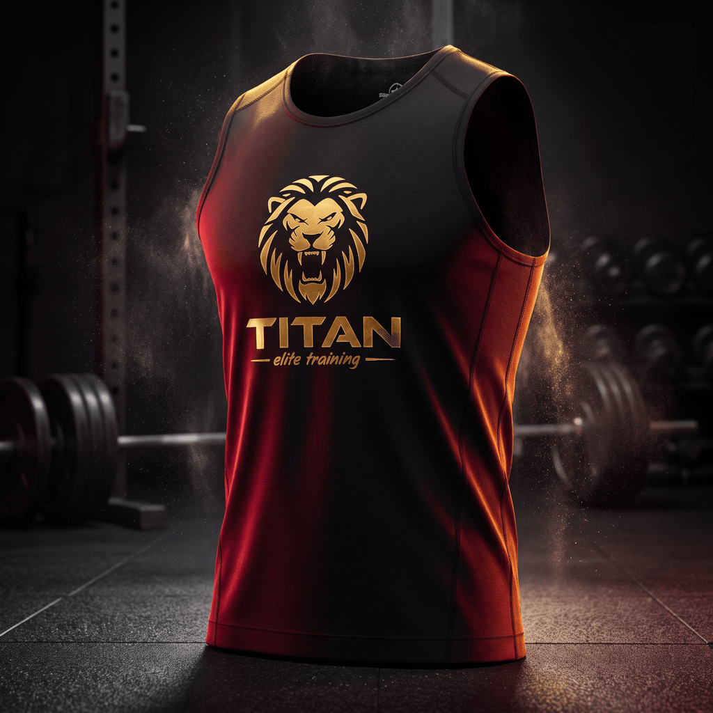 Black and red performance tank top featuring a gold lion logo and "TITAN elite training" text in a gym setting.