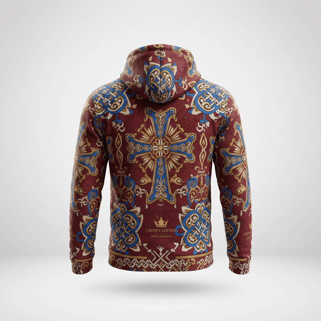 Back view of a red hoodie featuring an ornate blue, gold, and white cross and celtic knot print.