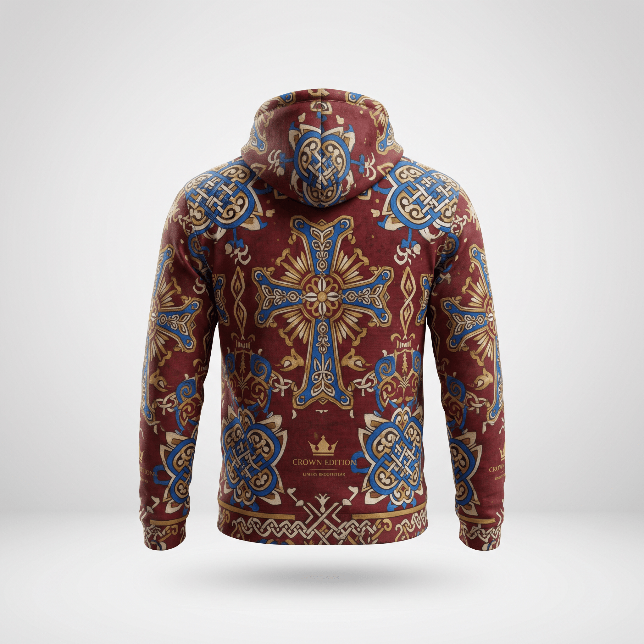 Back view of a red hoodie featuring an ornate blue, gold, and white cross and celtic knot print.