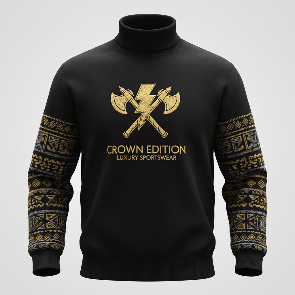 Black turtleneck sweatshirt featuring gold axe and lightning bolt logo with patterned sleeves.