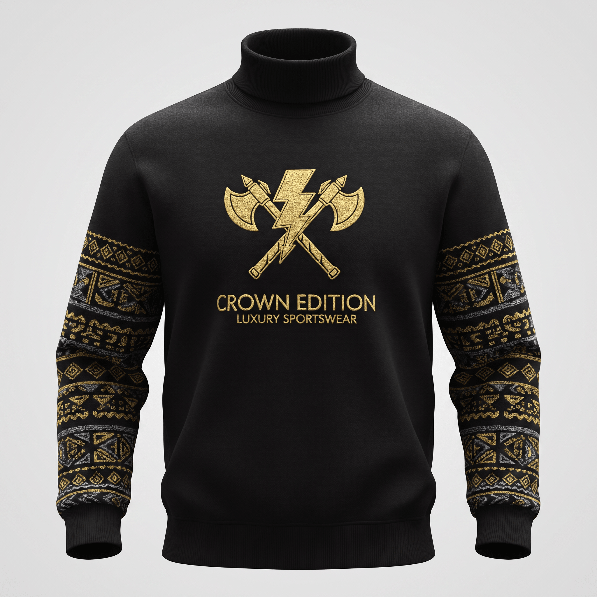 Black turtleneck sweatshirt featuring gold axe and lightning bolt logo with patterned sleeves.