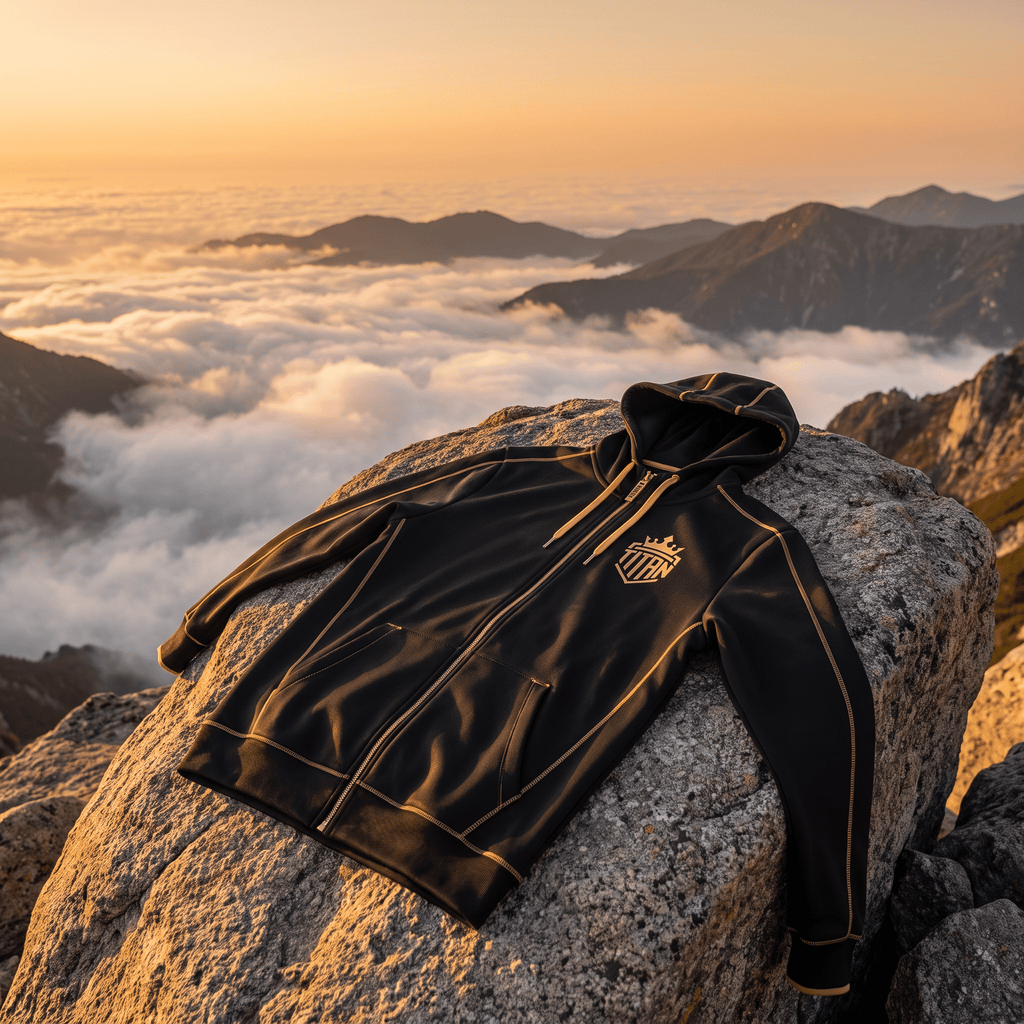 Black zip-up hoodie with gold trim and Titan crown logo on a mountain rock overlooking clouds at sunset.