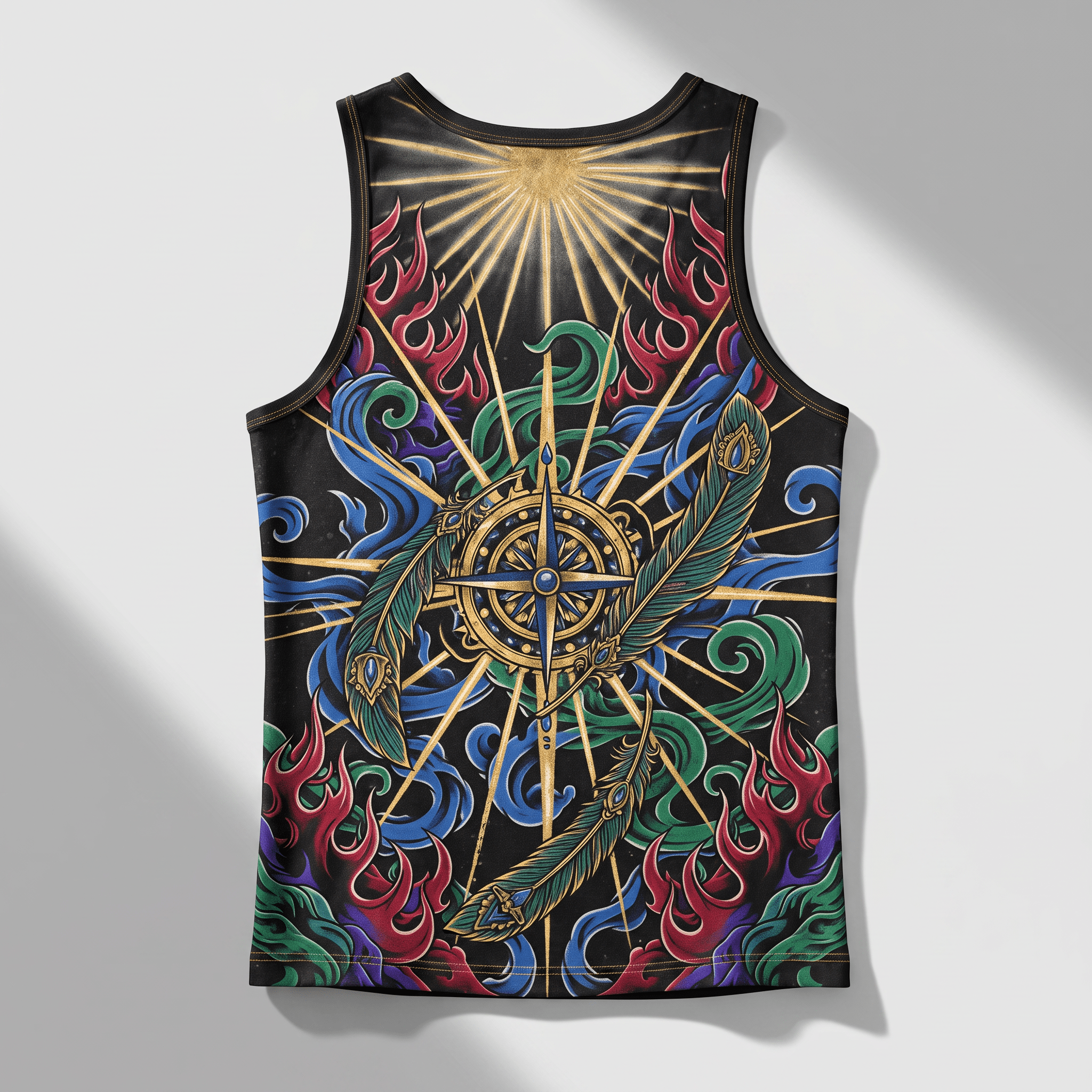Back view of a black tank top featuring a colorful fantasy design with a central compass, feathers, and radiant sun.