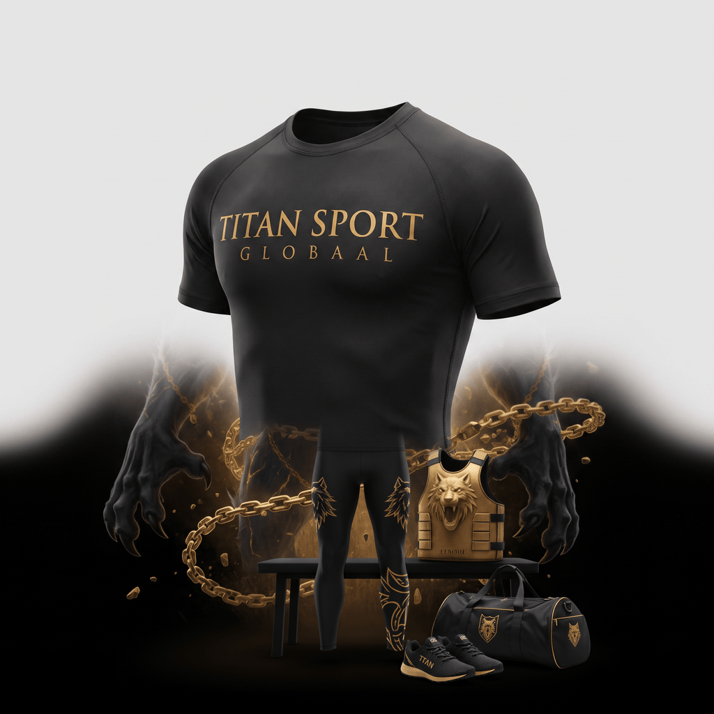 Black athletic t-shirt with gold Titan Sport Globaal text, presented with matching gym gear.