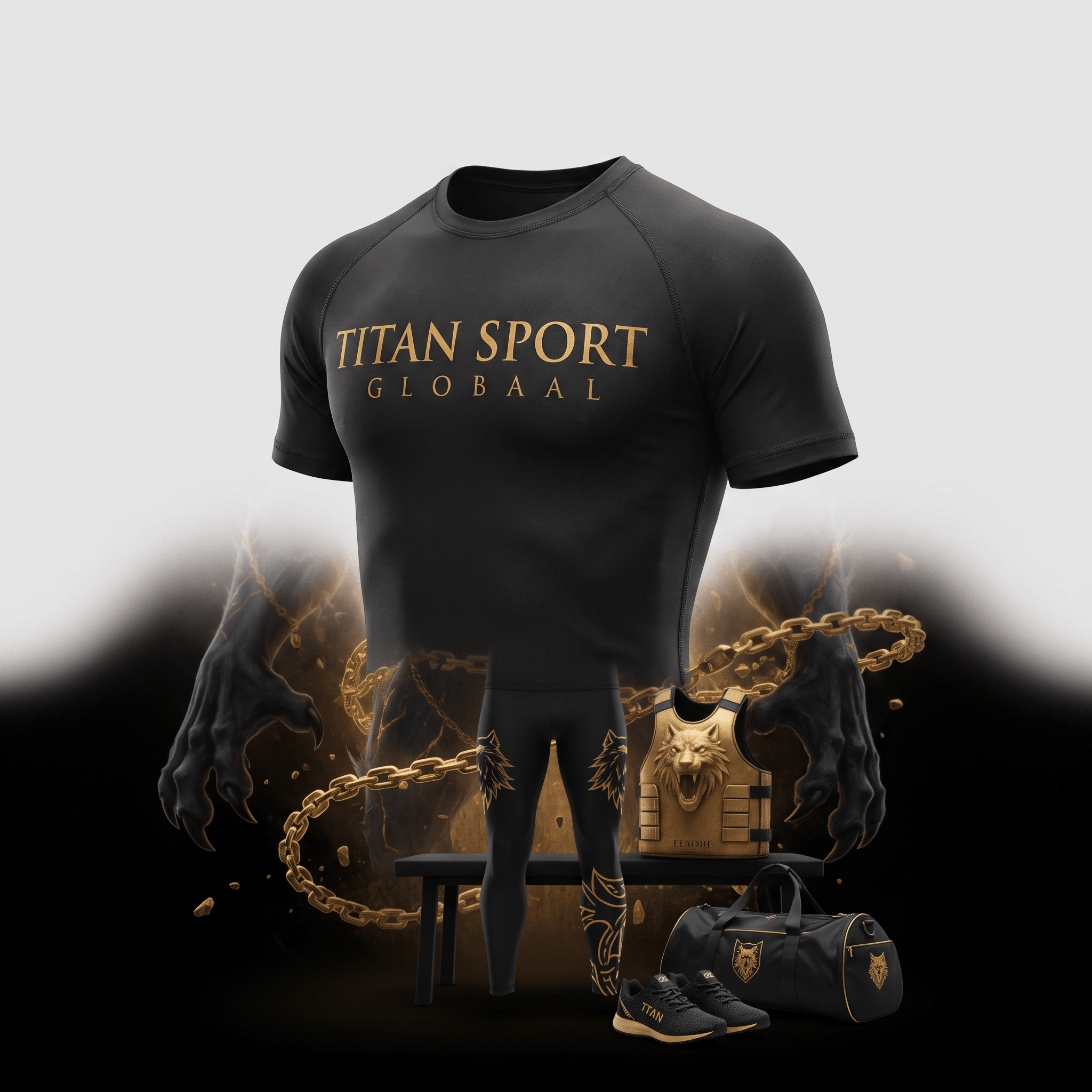 Black athletic t-shirt with gold Titan Sport Globaal text, presented with matching gym gear.