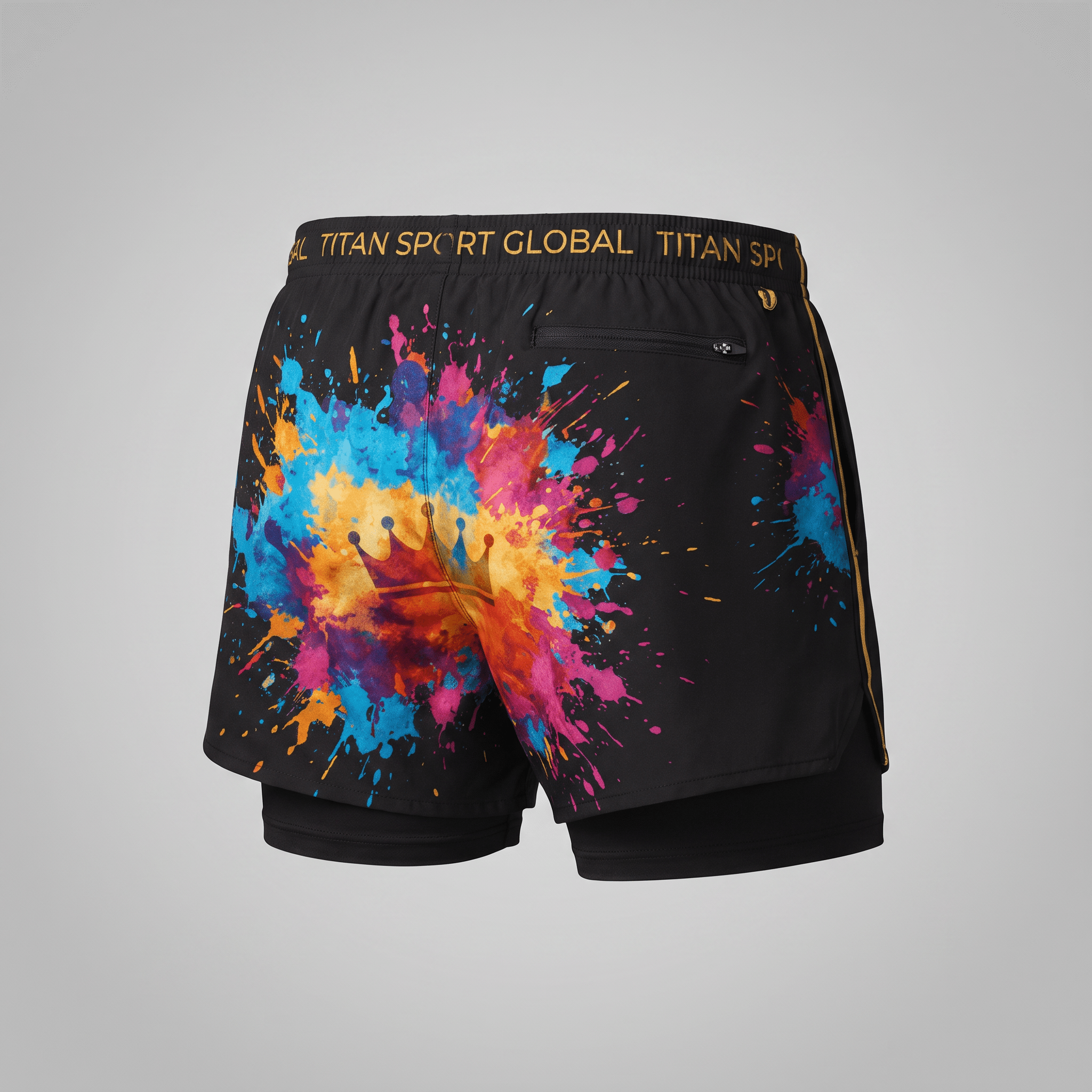 Back view of black athletic shorts featuring vibrant watercolor paint splatters, a crown graphic, and gold waistband text.