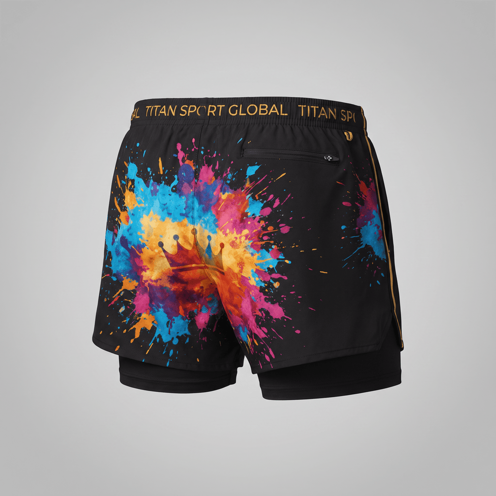 Back view of black athletic shorts with a colorful paint splash and crown graphic, and gold waistband text.