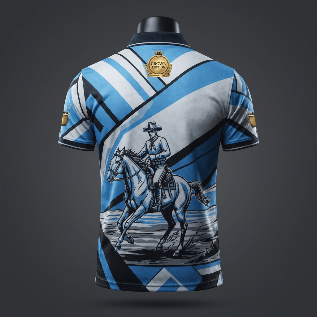 Back view of a blue and white polo shirt featuring a cowboy riding a horse graphic and crown edition logo.