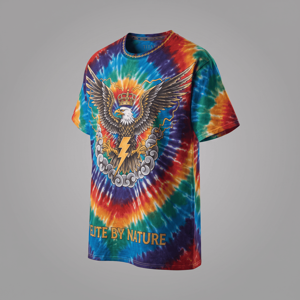 Multicolor tie-dye t-shirt with a crowned eagle graphic and Elite By Nature text on the front.