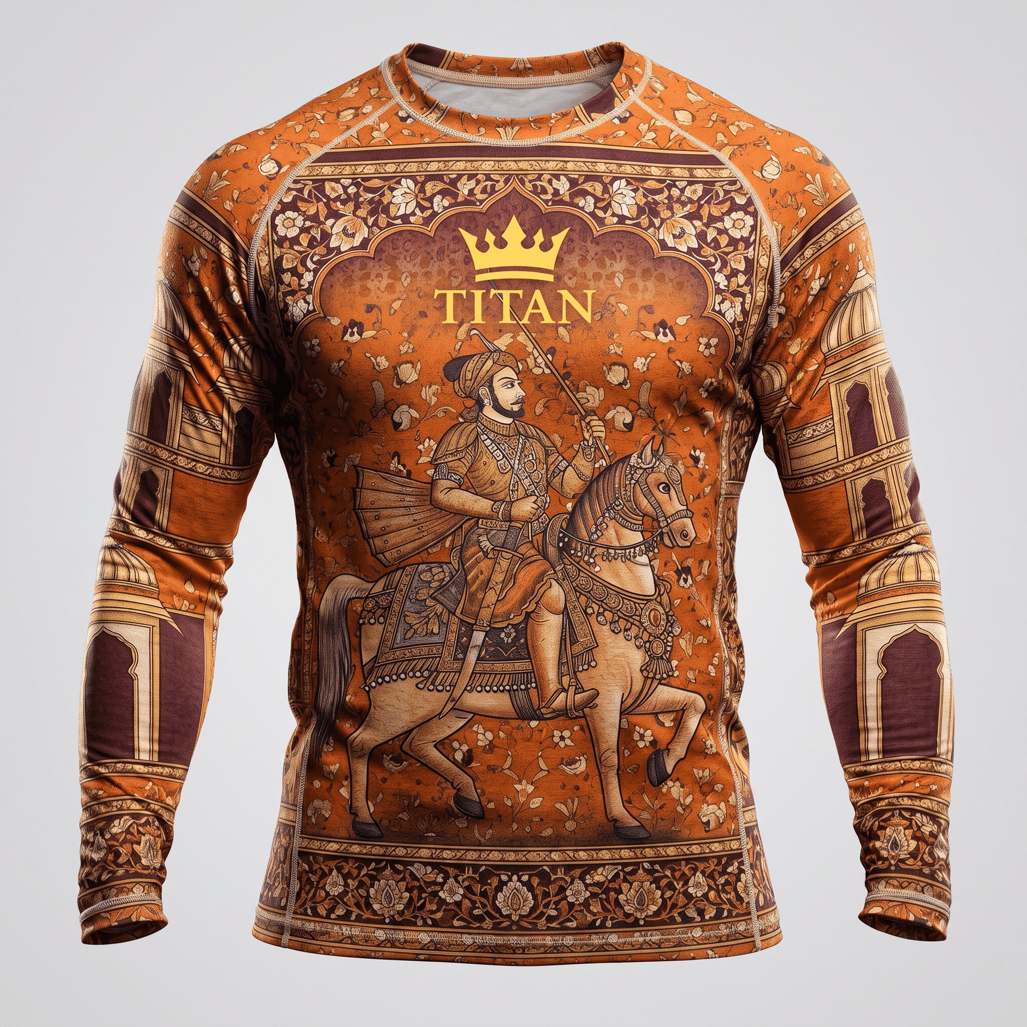 Orange long-sleeve rash guard featuring a historical Mughal king on horseback graphic and Titan logo.