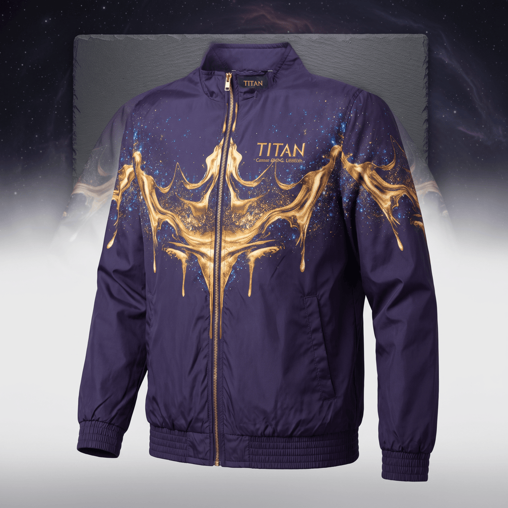 Purple zip-up bomber jacket with gold metallic splash graphic and Titan branding.