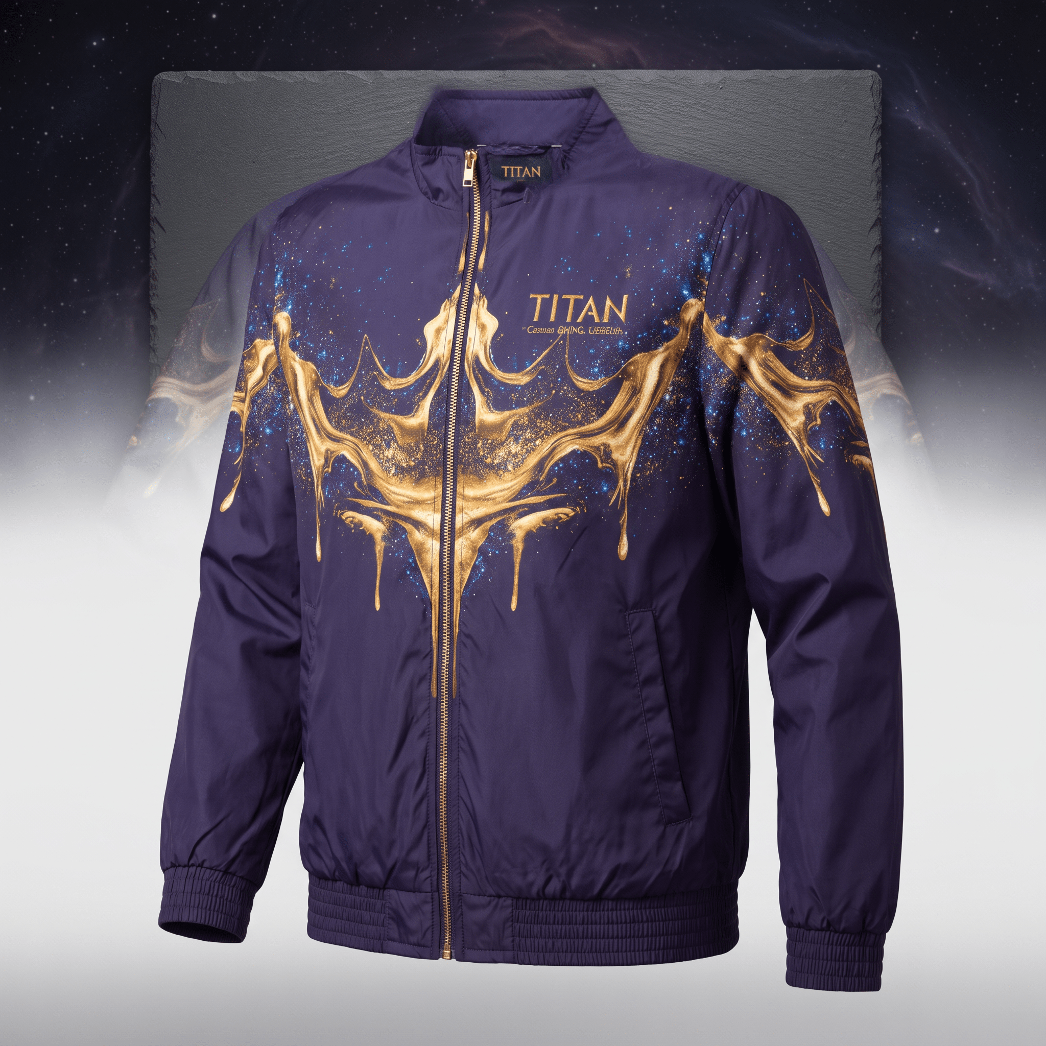Purple zip-up bomber jacket with gold metallic splash graphic and Titan branding.