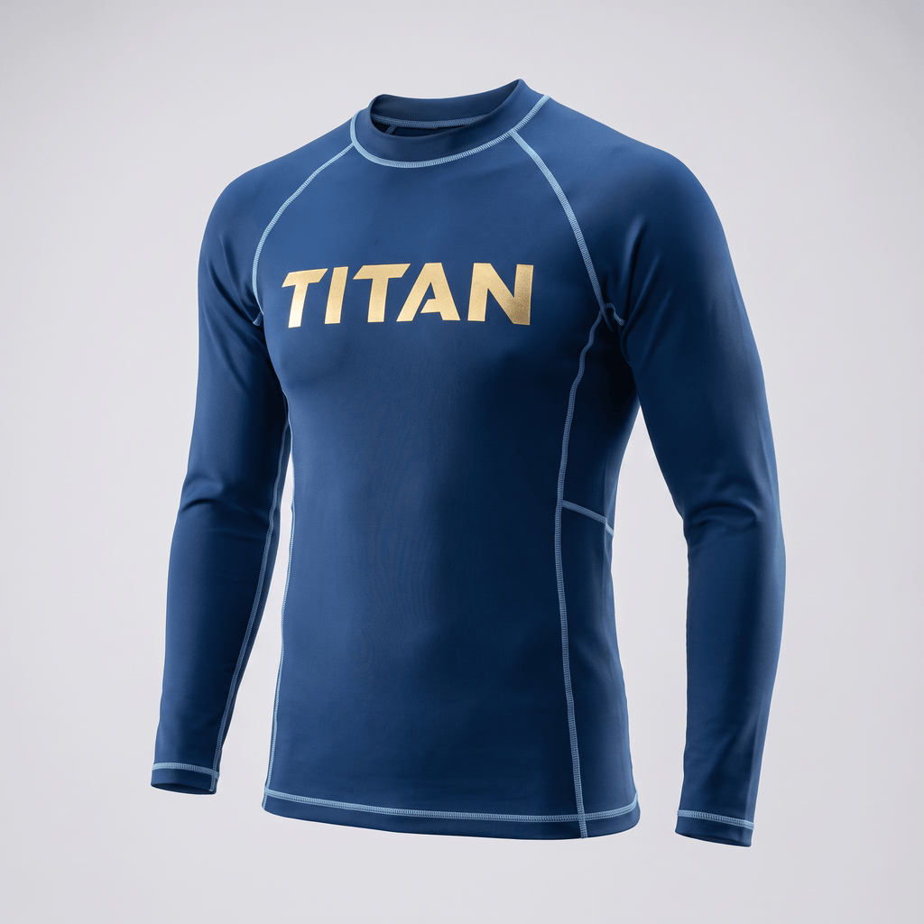 Blue long-sleeve rash guard with gold Titan logo and light blue contrast stitching.