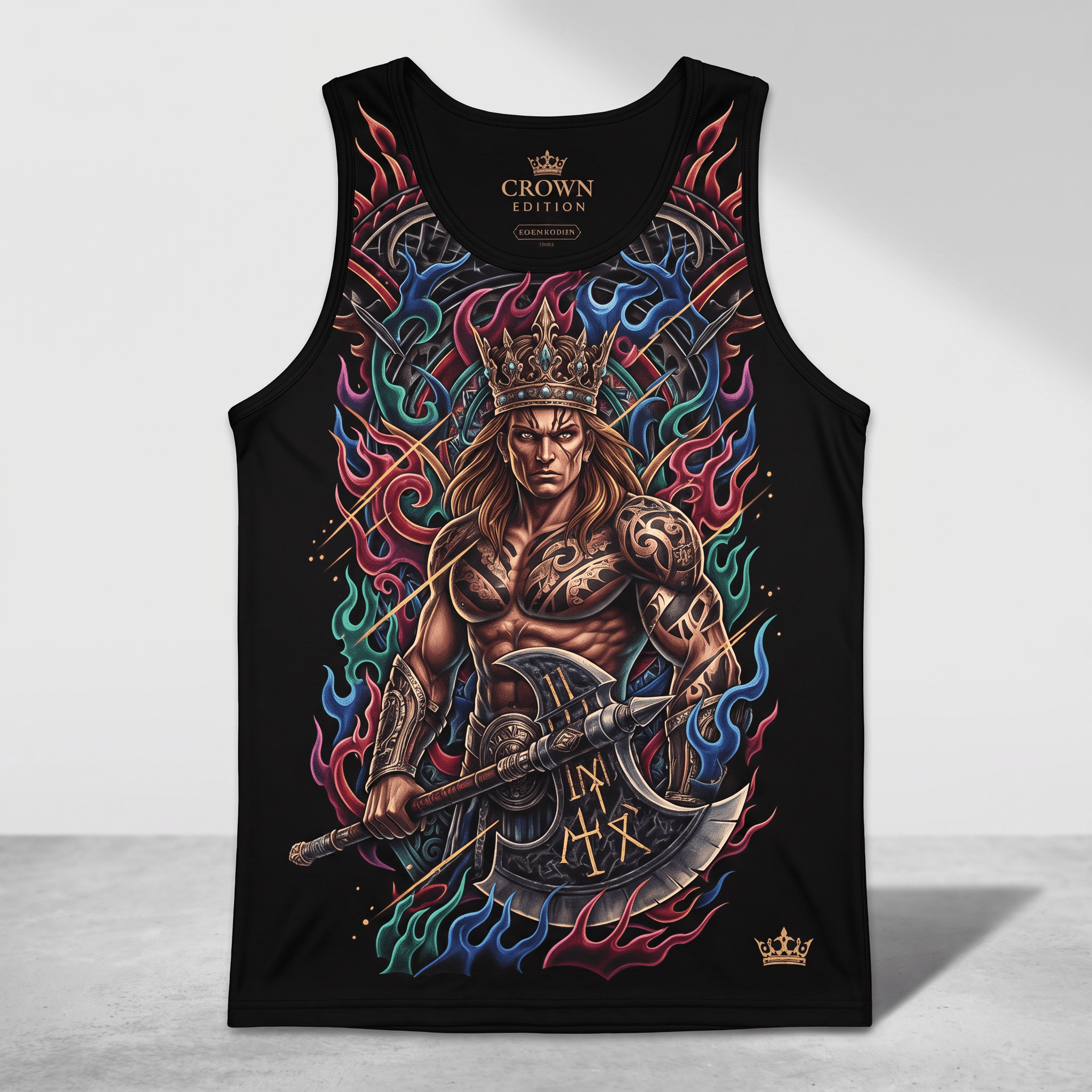 Black tank top featuring a crowned warrior graphic with a battle-axe and colorful tribal flames.