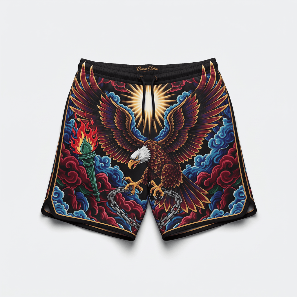 Black athletic shorts featuring a vibrant eagle, torch, and chain graphic with blue and red clouds.