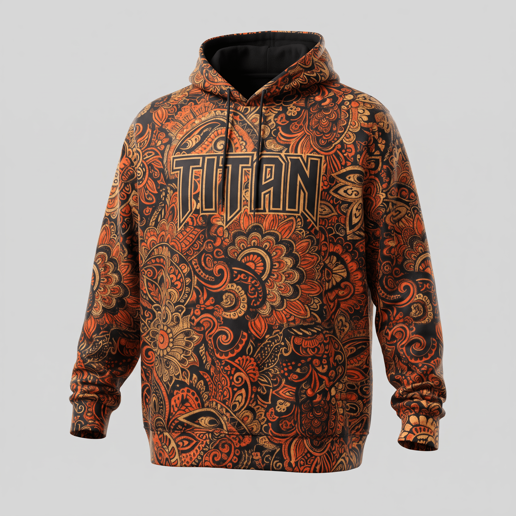 Black and orange hoodie featuring intricate paisley floral patterns and a prominent Titan chest logo.