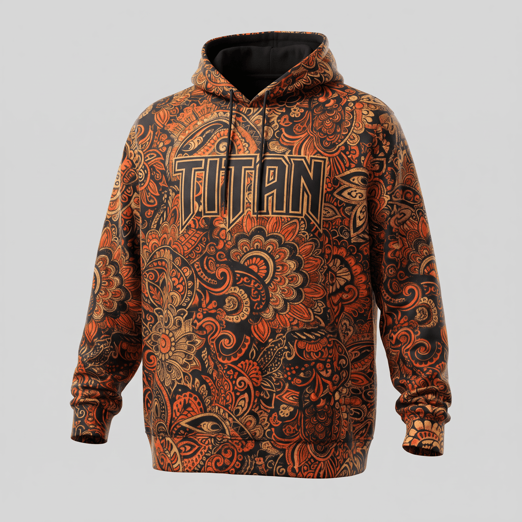 Black and orange patterned hoodie with the word TITAN printed across the chest.