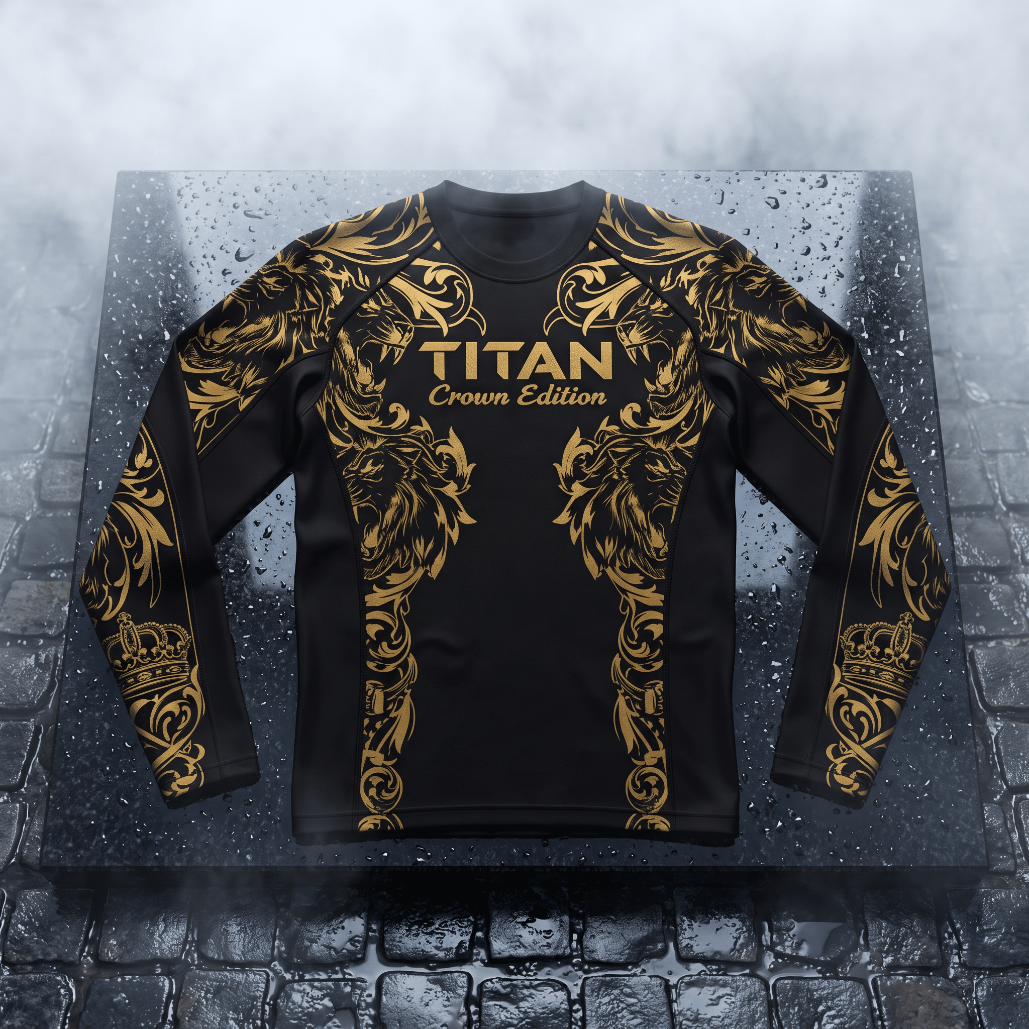 Black long-sleeve athletic rash guard with gold ornate lion and crown patterns and "TITAN Crown Edition" text.