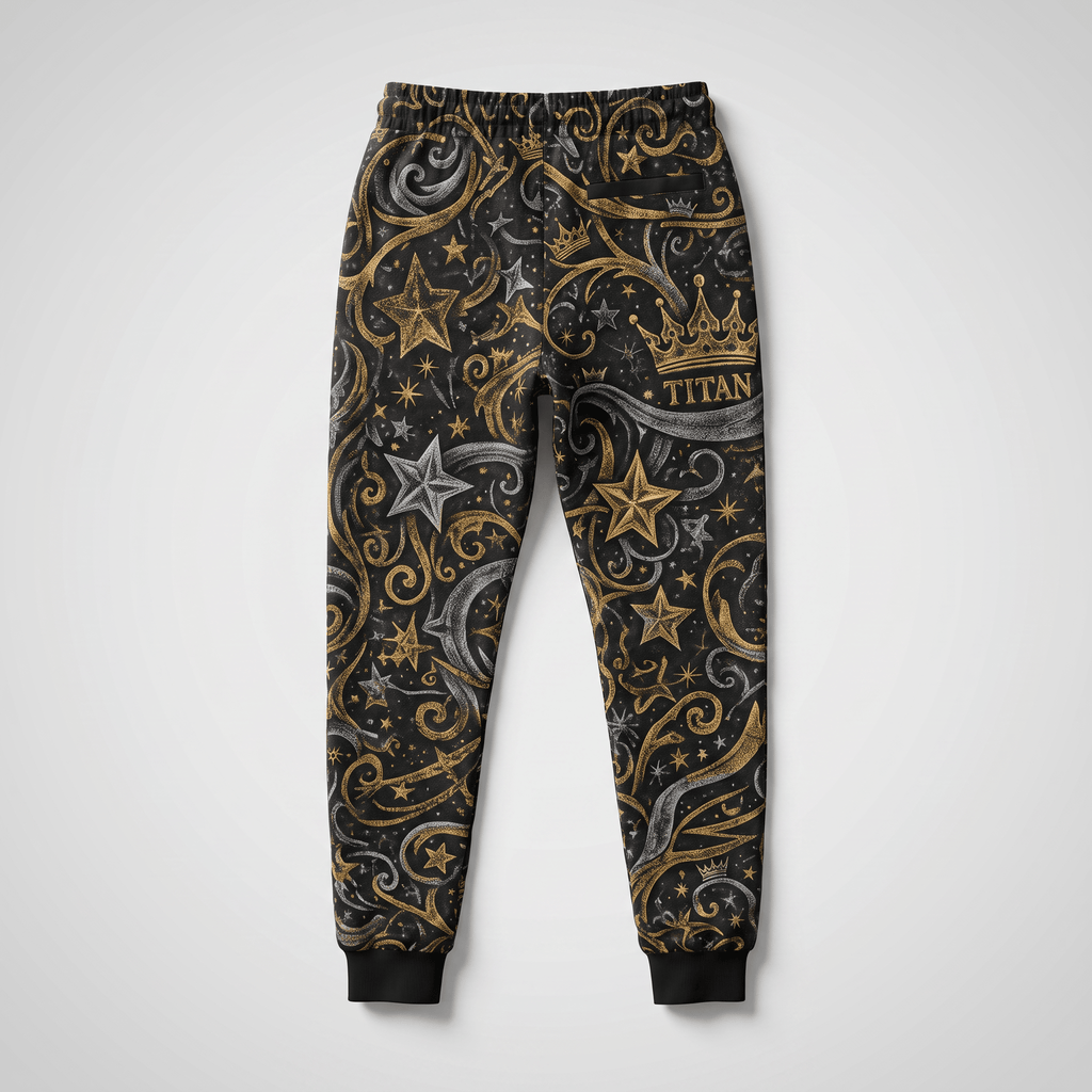 Black sweatpants with gold and silver baroque, star, and crown print, back view.