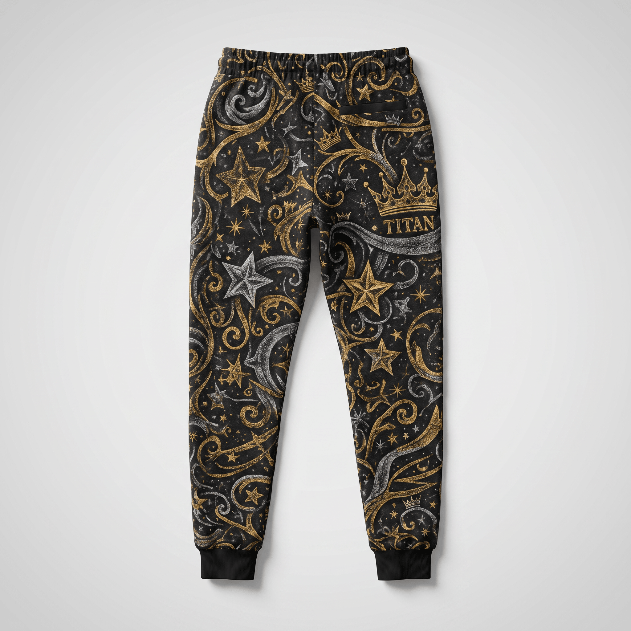 Black sweatpants featuring a gold and silver baroque star and crown print, back view.