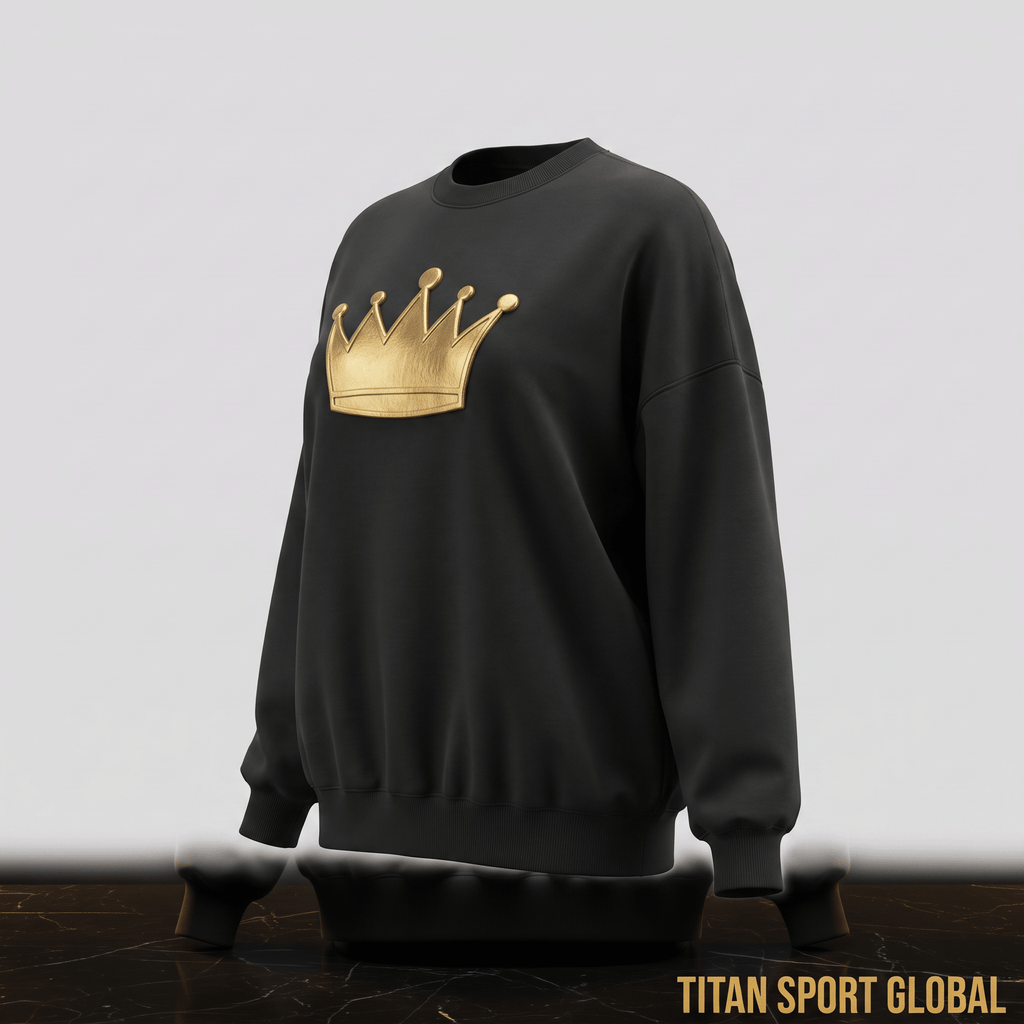 Black crewneck sweatshirt featuring a large metallic gold crown graphic on the chest.